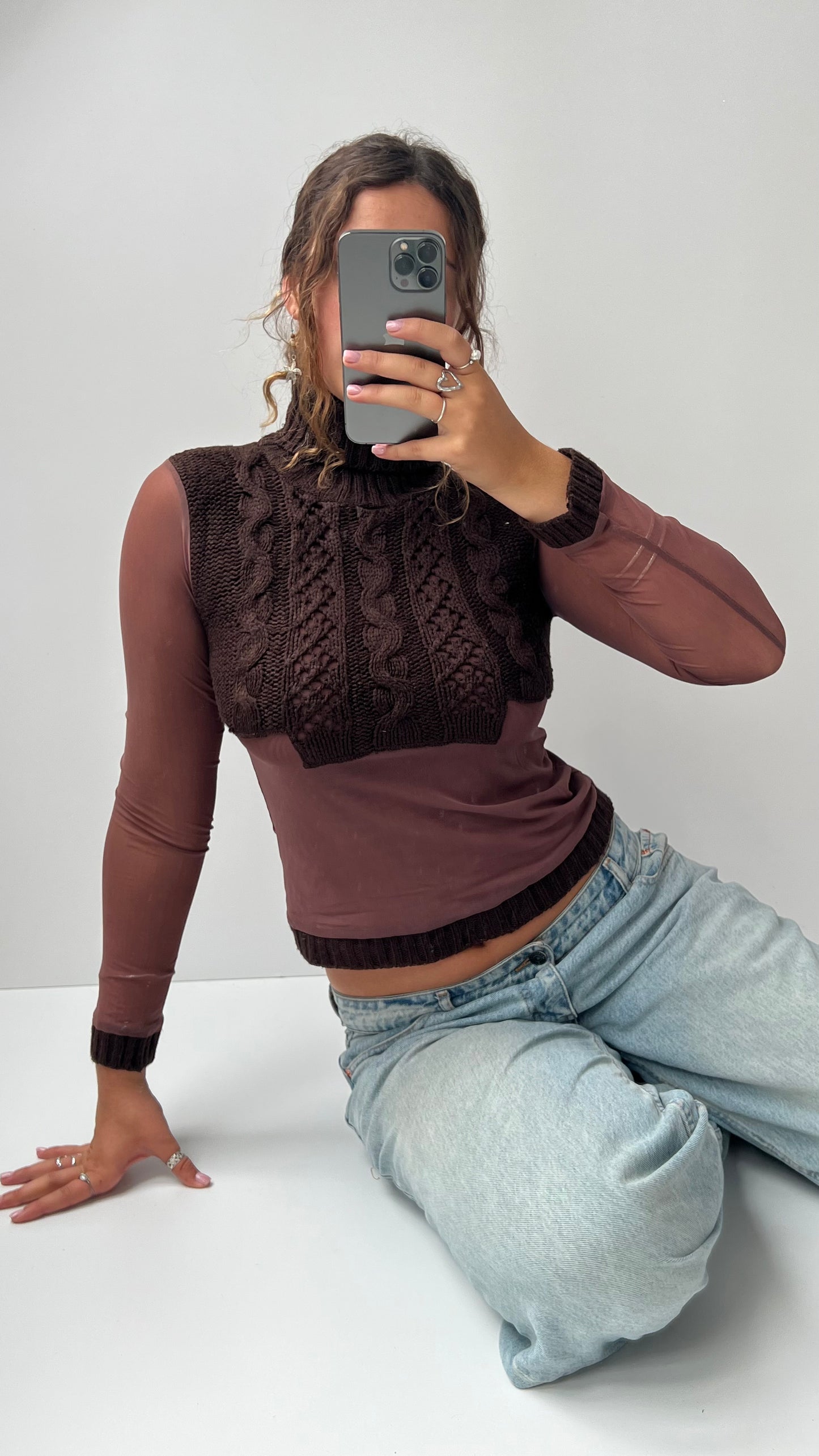 00s brown mesh knit long sleeve top- size S