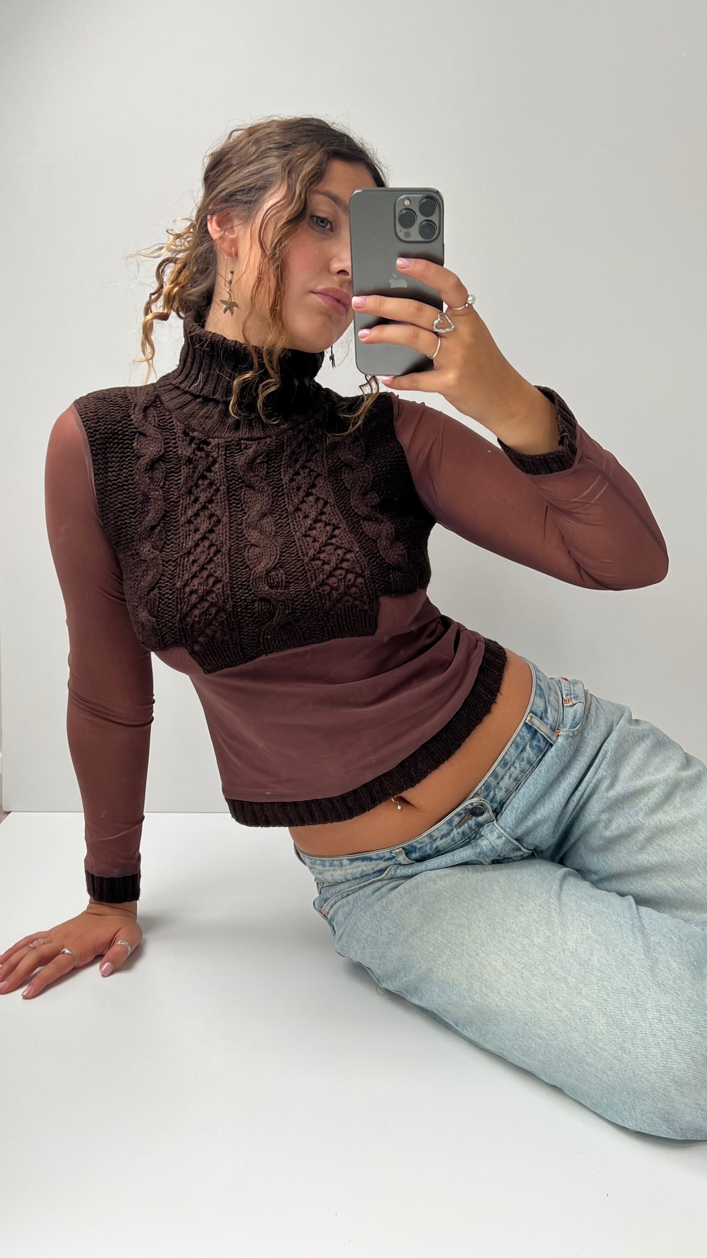 00s brown mesh knit long sleeve top- size S