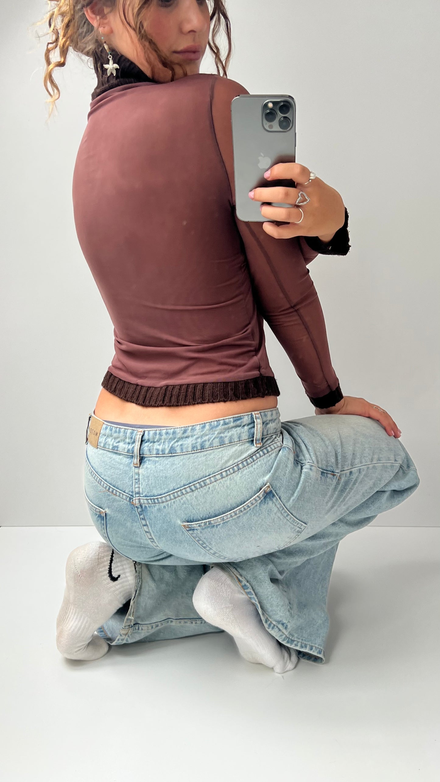 00s brown mesh knit long sleeve top- size S