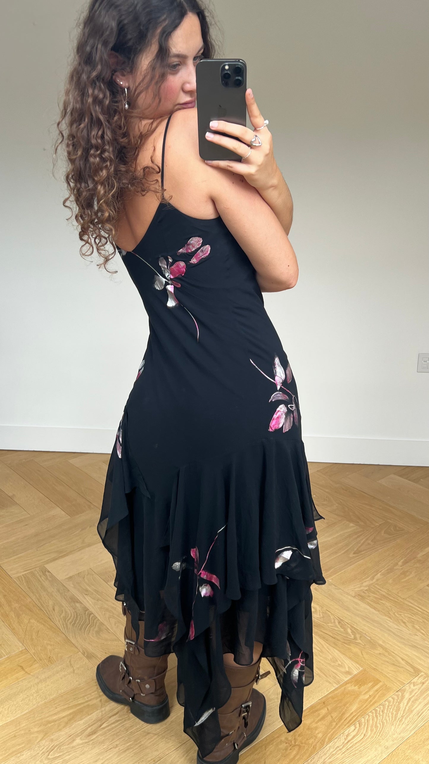 00s black pink floral maxi dress- size S/M