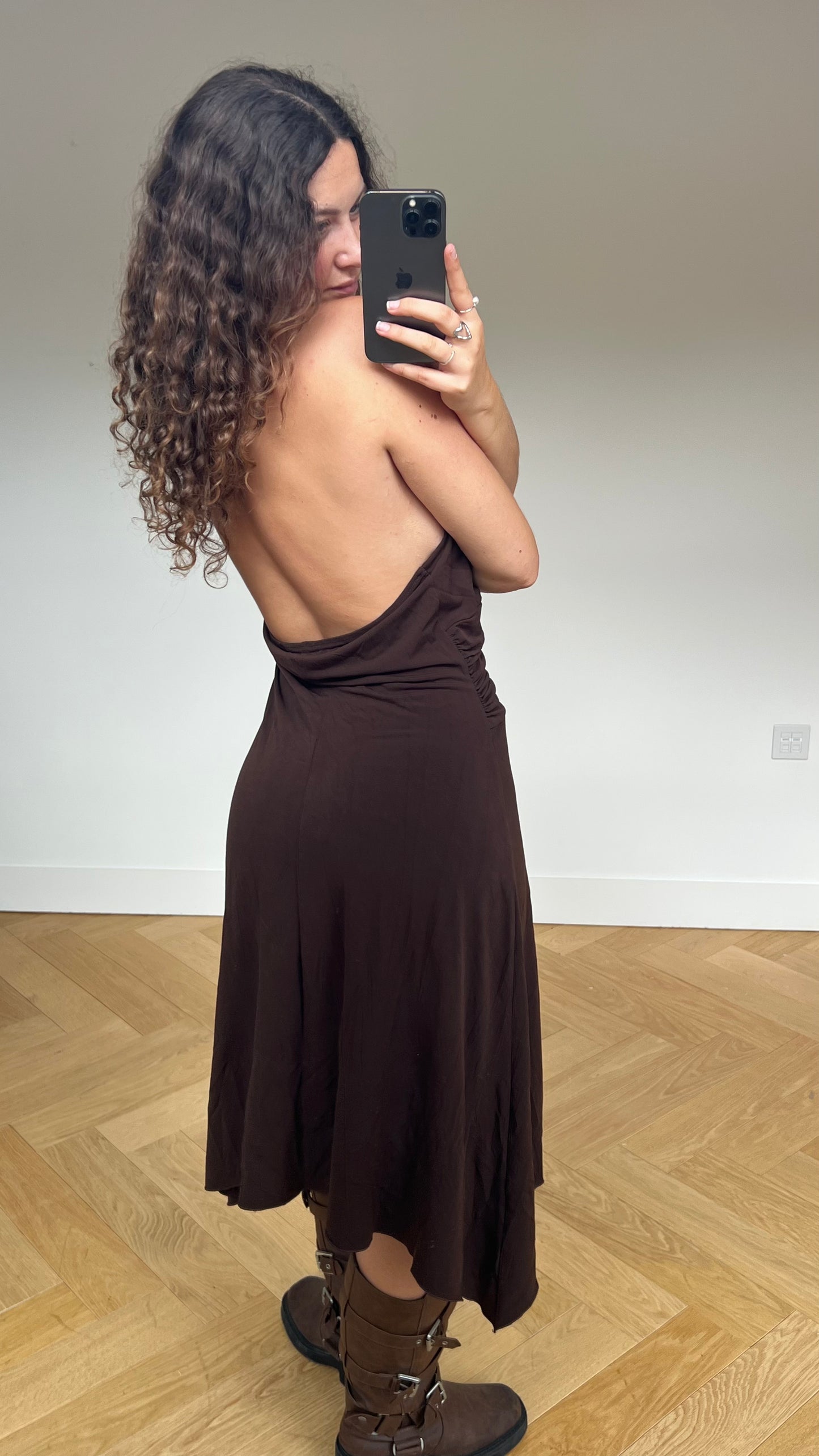 00s brown beaded midi dress- size XL