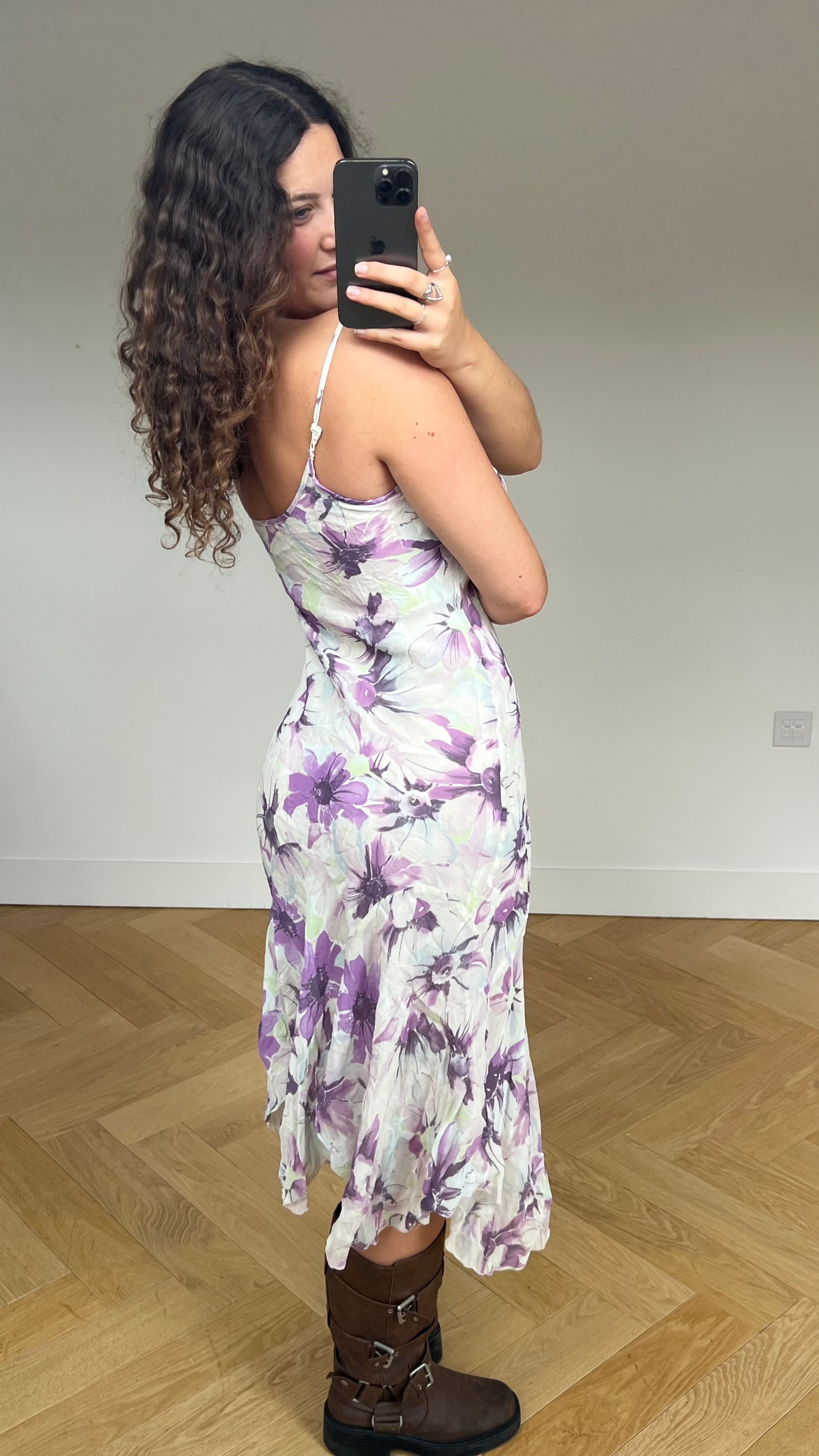 00s cream purple floral maxi dress- size S