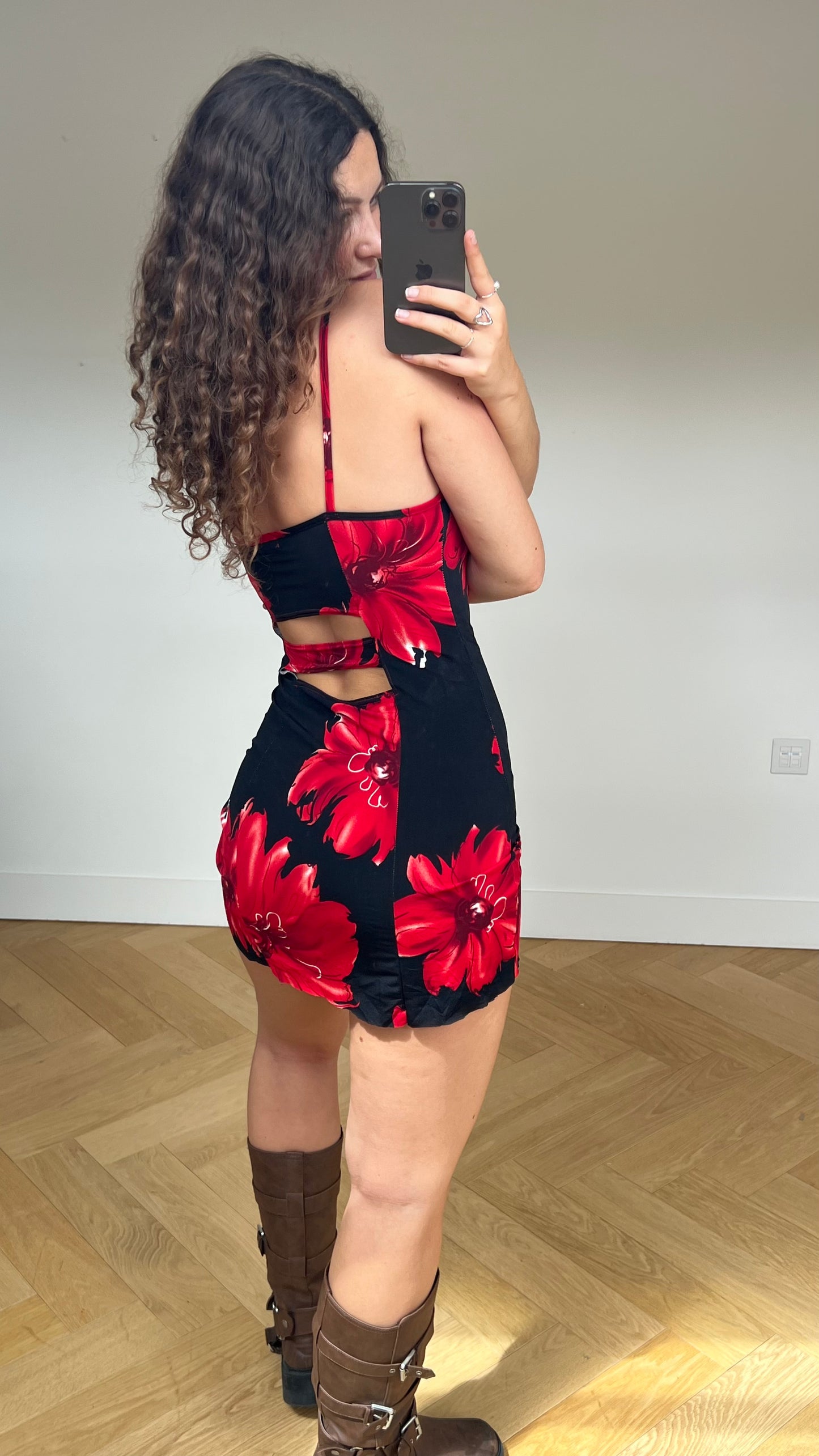 00s black red floral dress- size S/M