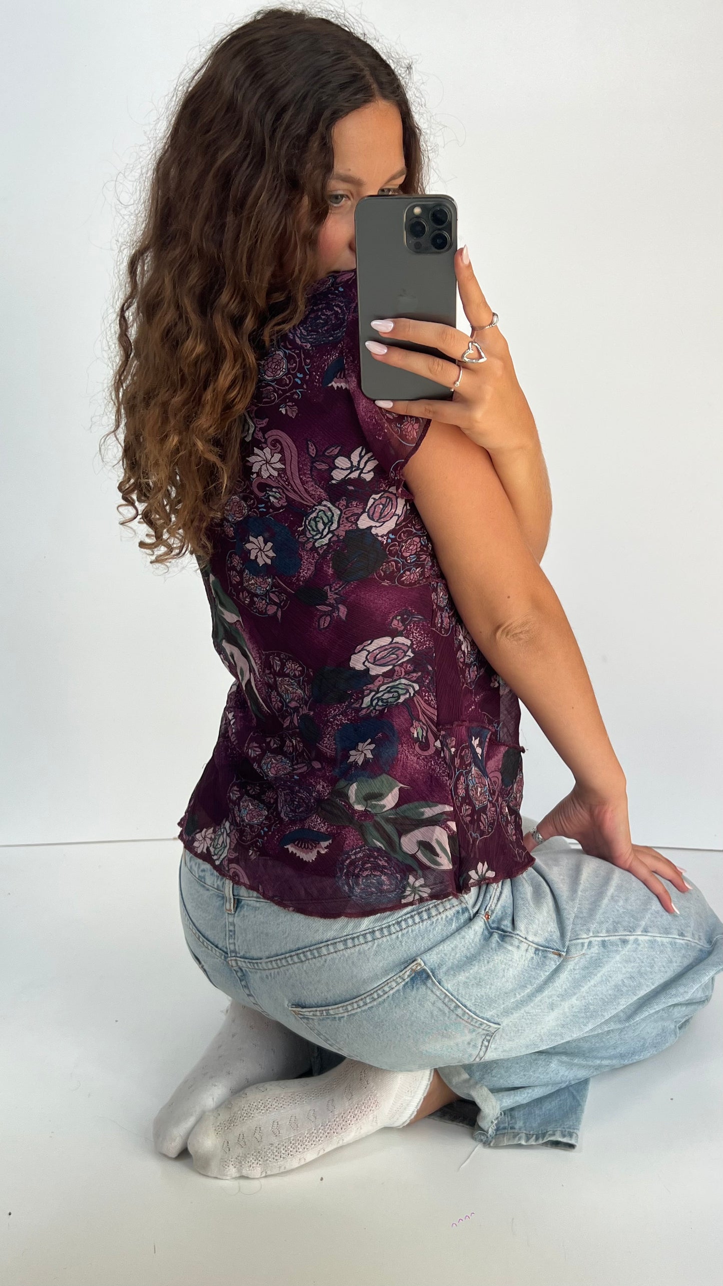00s purple mesh floral top- size L