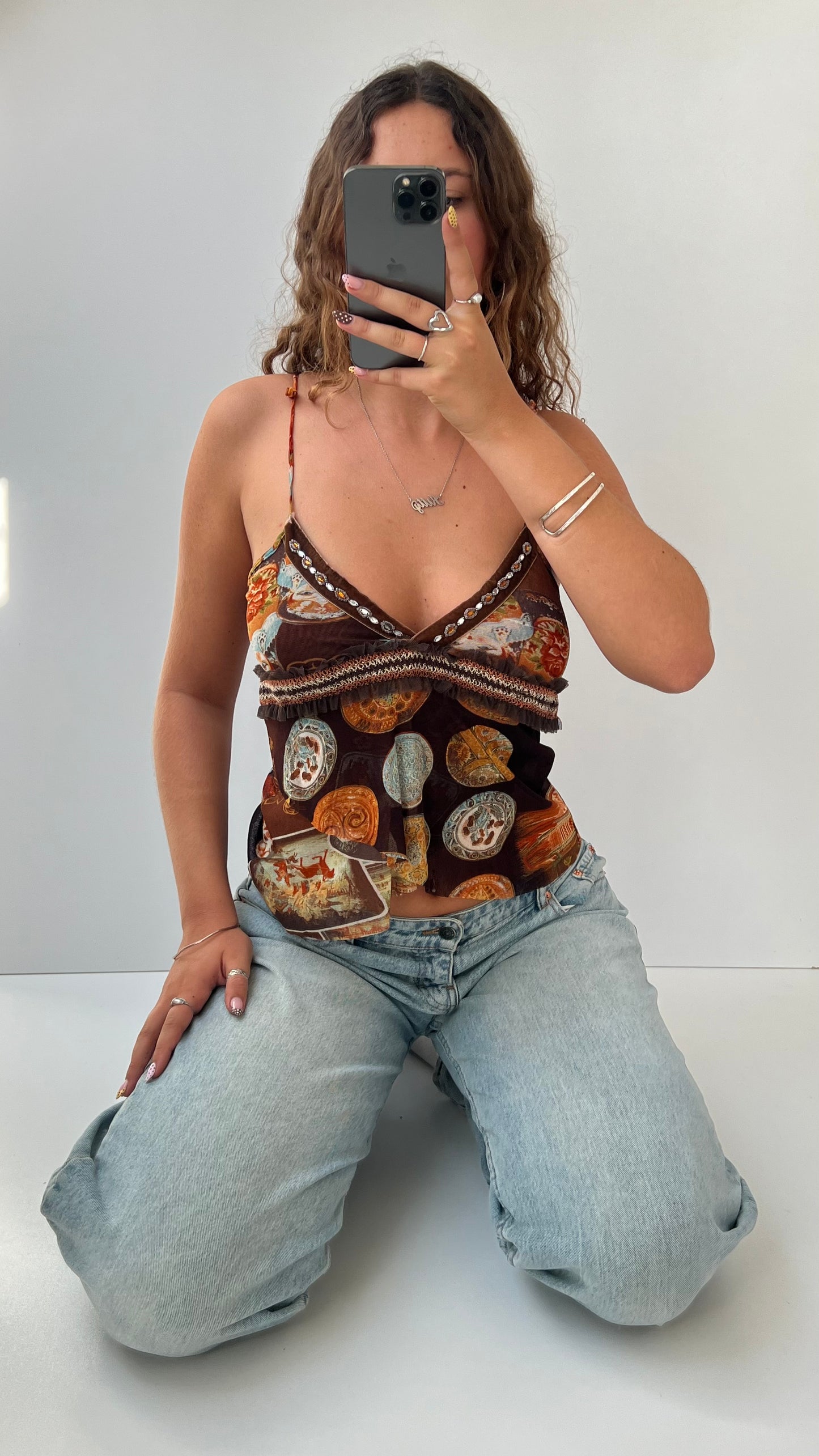 00s brown orange mesh patterned cami- size M