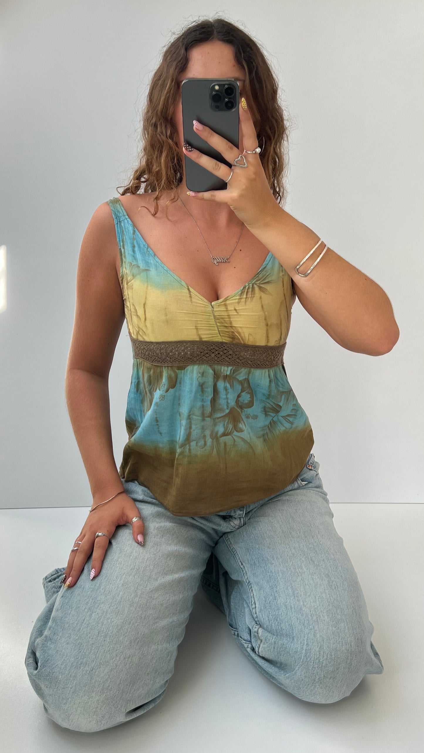 00s blue floral crochet cami- size S