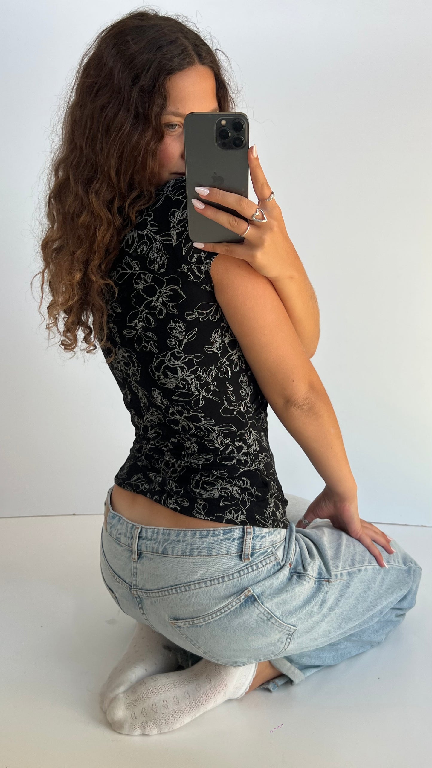 00s black floral top- size M