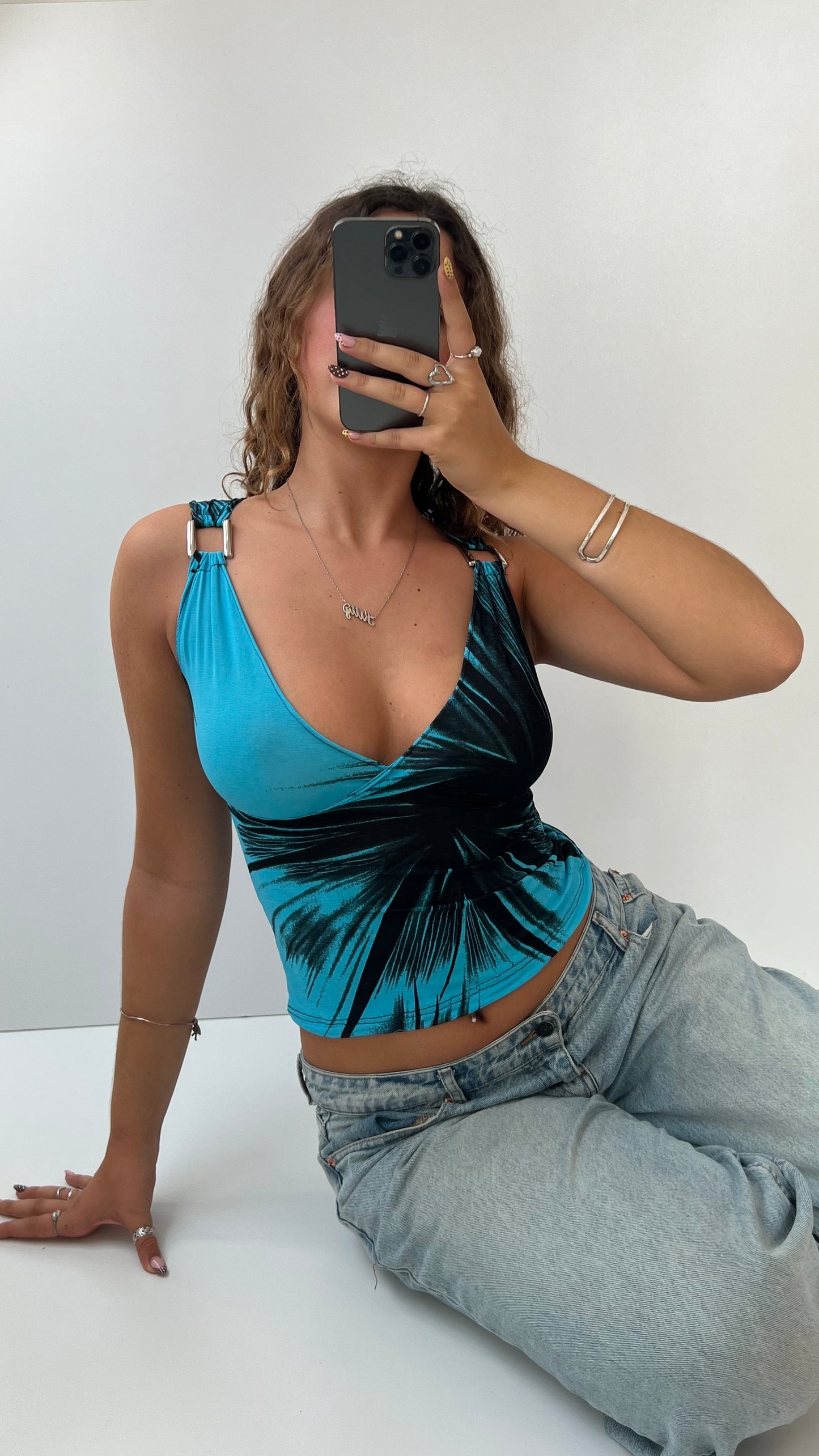 00s blue patterned metal top- size S