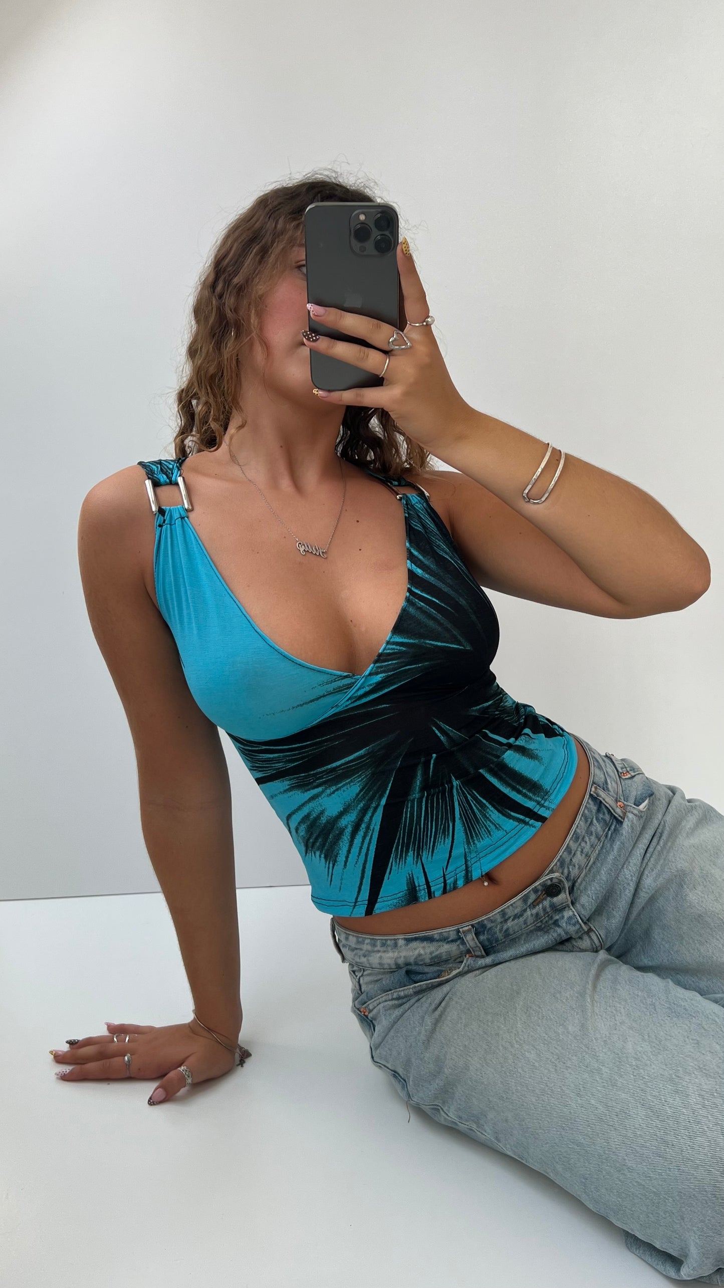 00s blue patterned metal top- size S