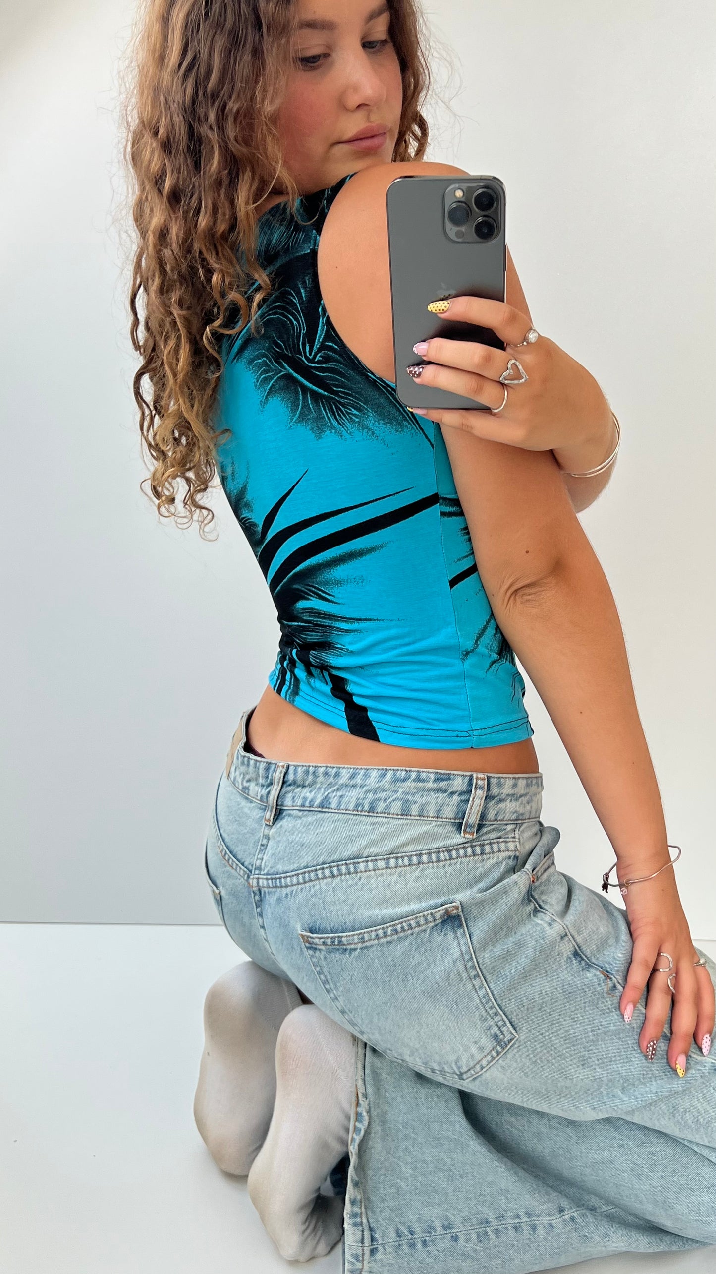00s blue patterned metal top- size S
