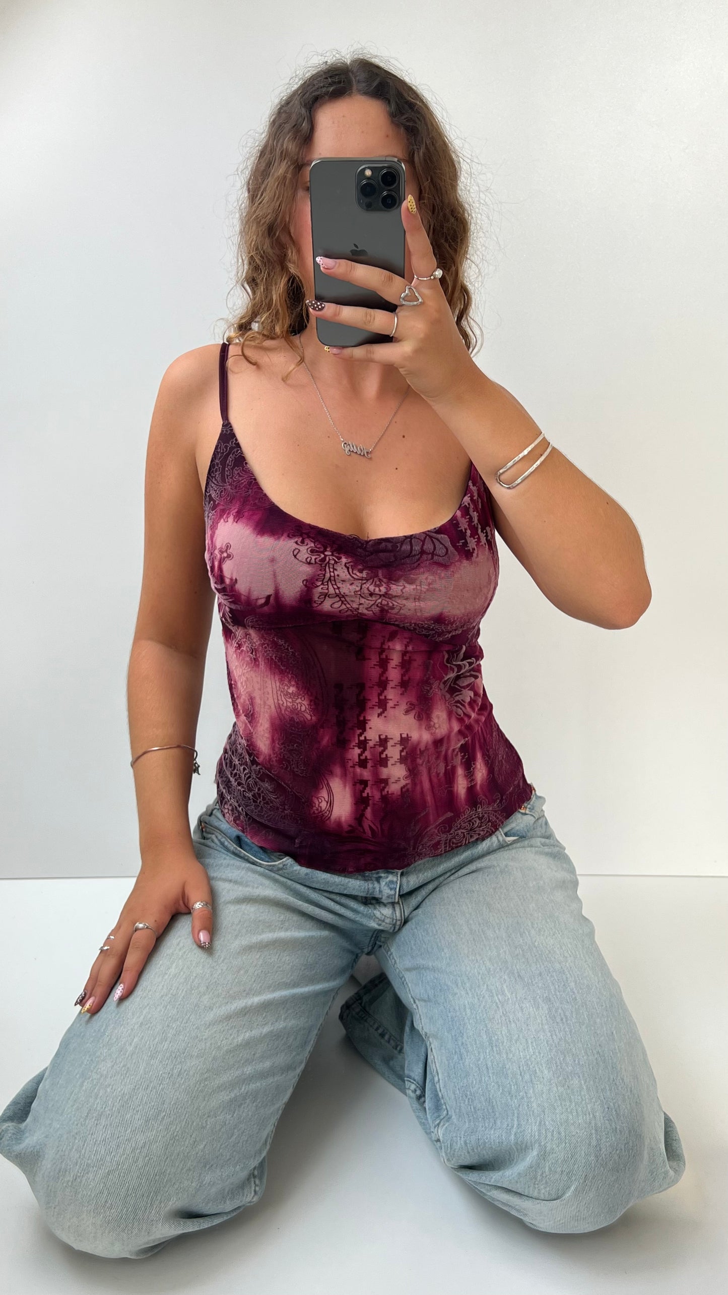 00s pink patterned mesh cami- size S/M