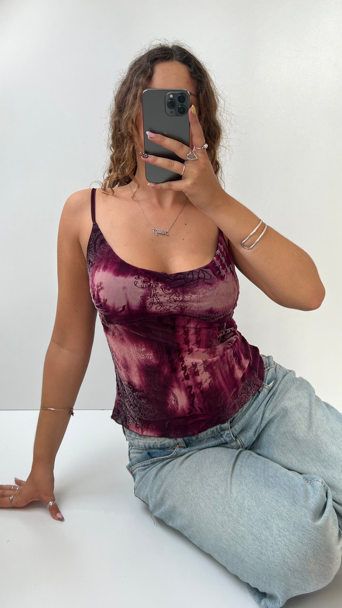 00s pink patterned mesh cami- size S/M