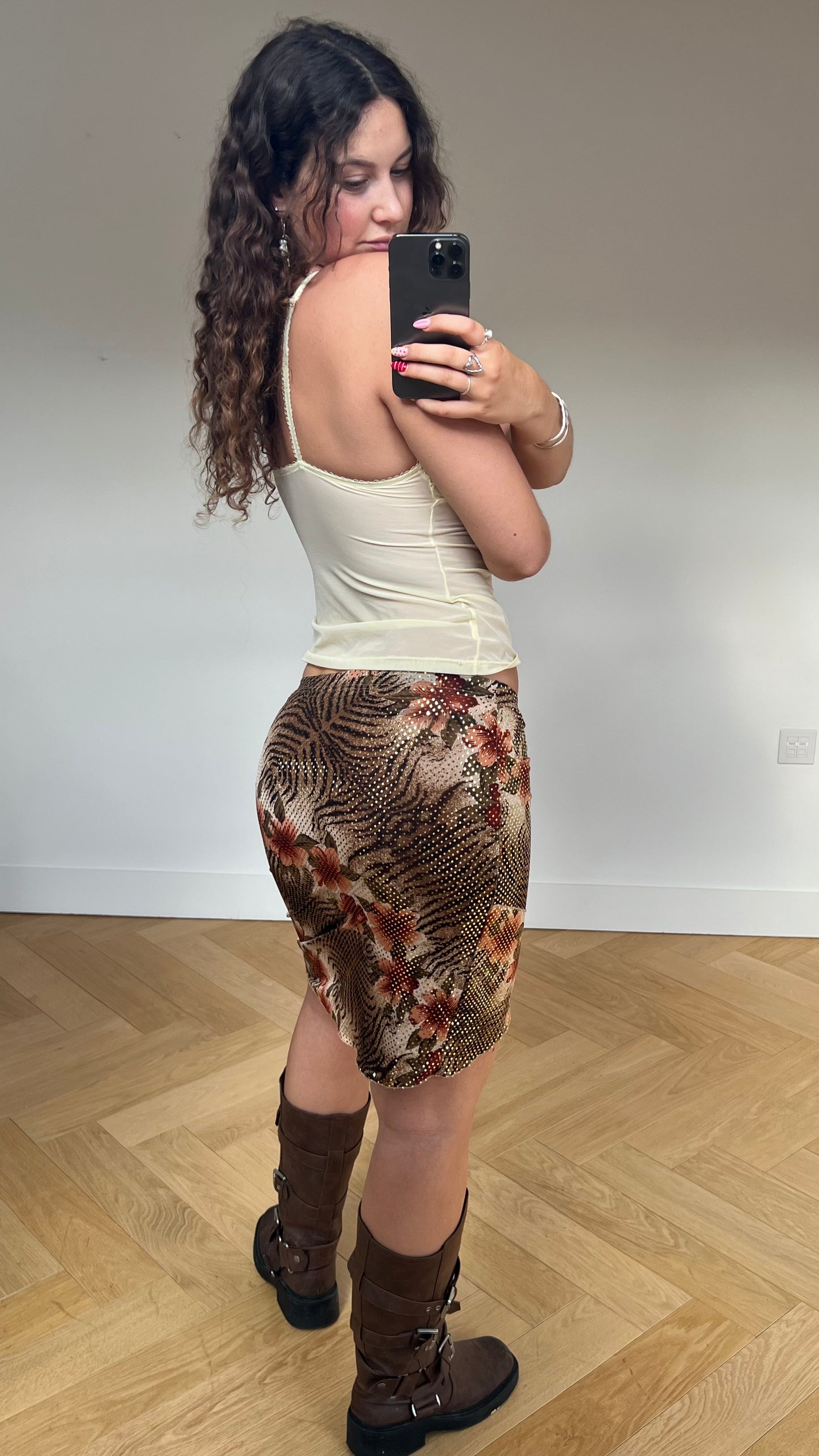 00s gold floral midi skirt- size M