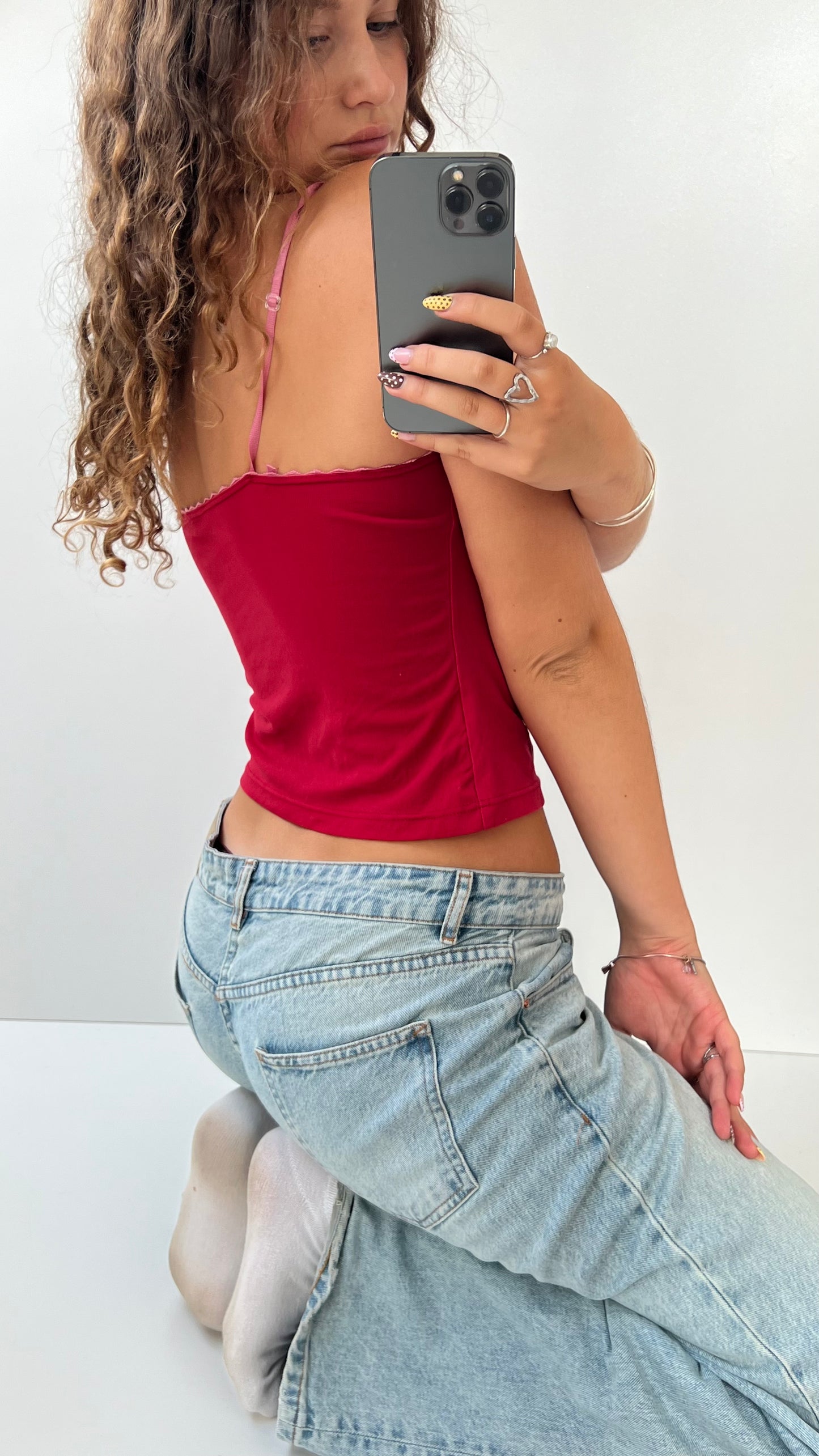 00s red floral embroidered cami- size M