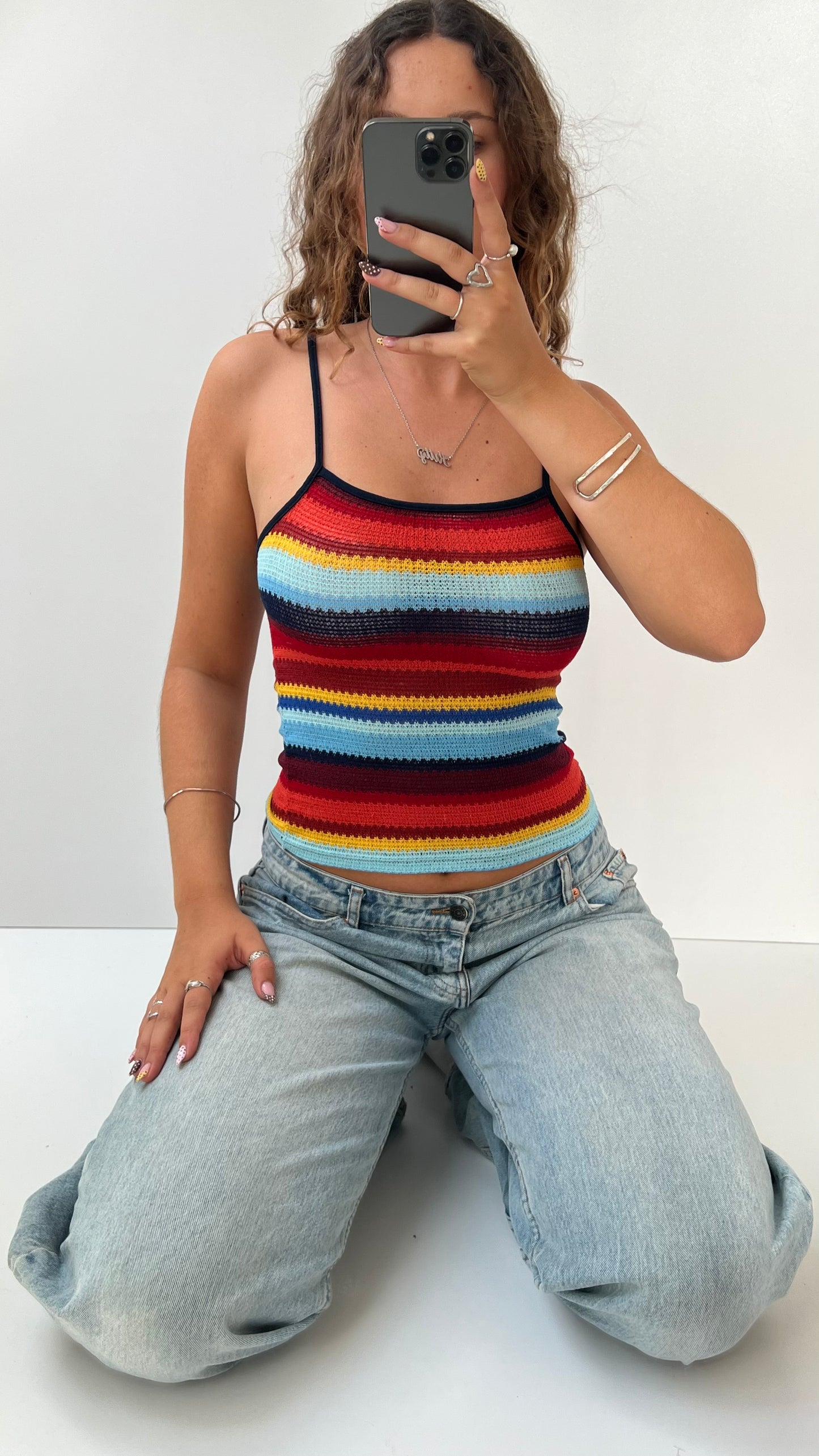 00s red blue striped crochet cami- size S