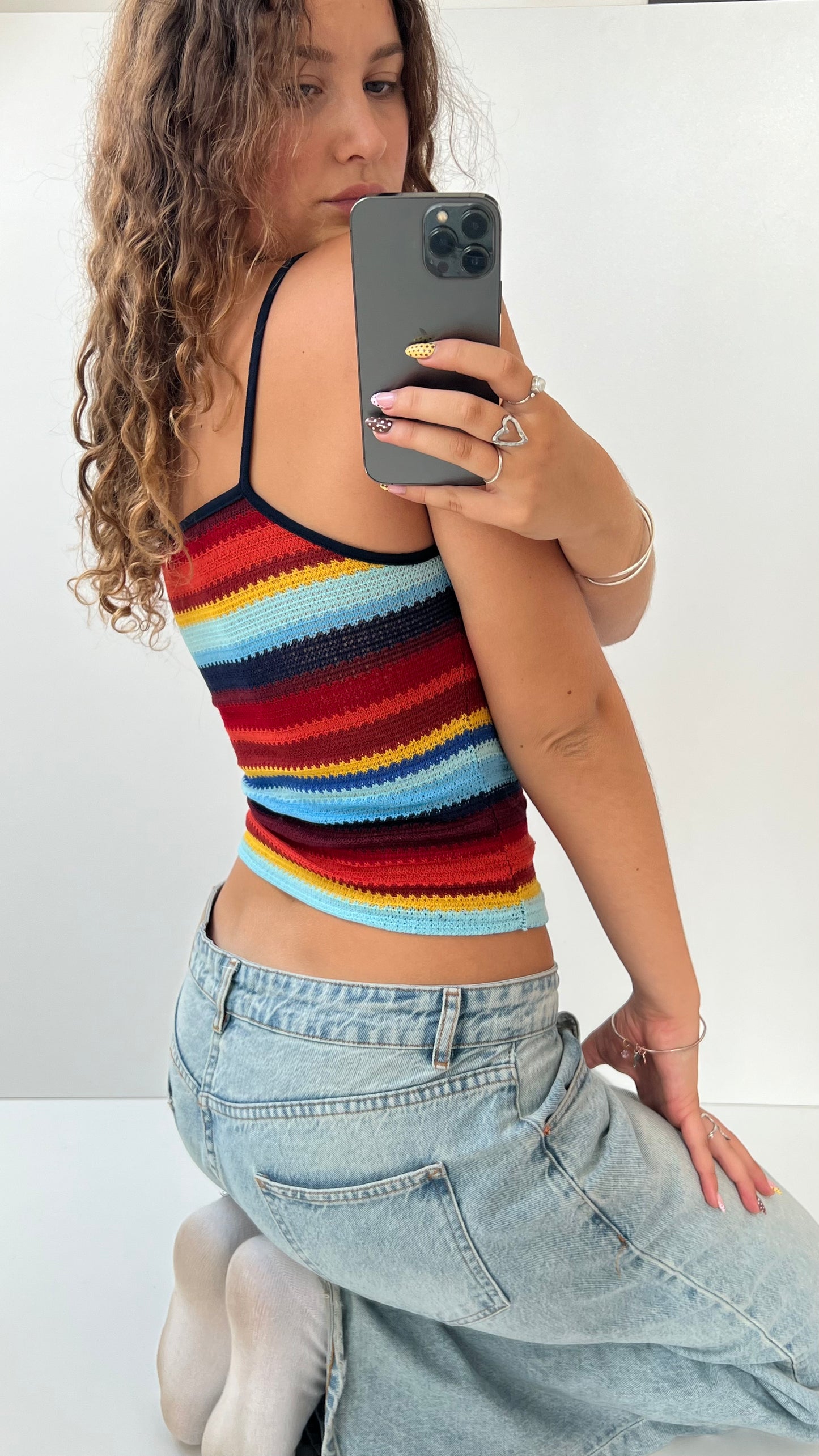 00s red blue striped crochet cami- size S