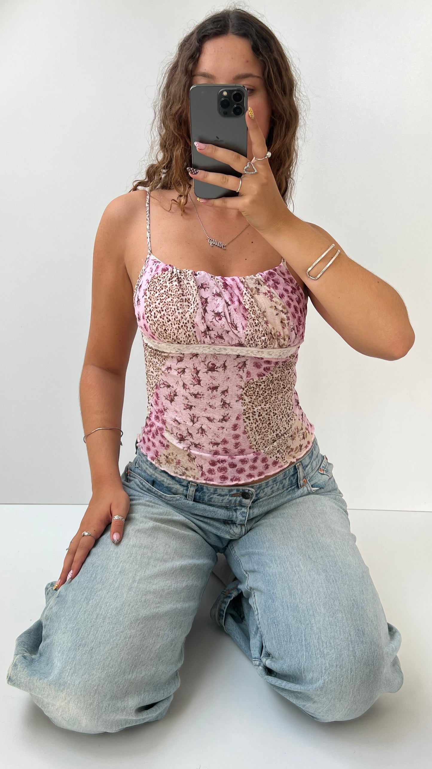 00s pink patchwork mesh cami- size XS