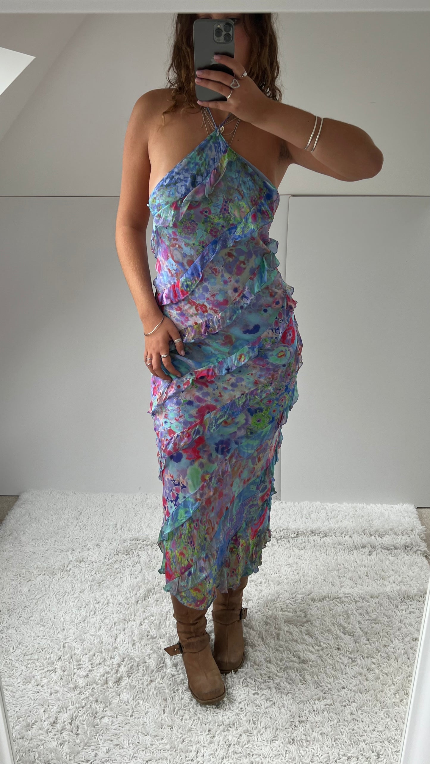 00s blue floral mesh ruffle maxi dress- size S/M