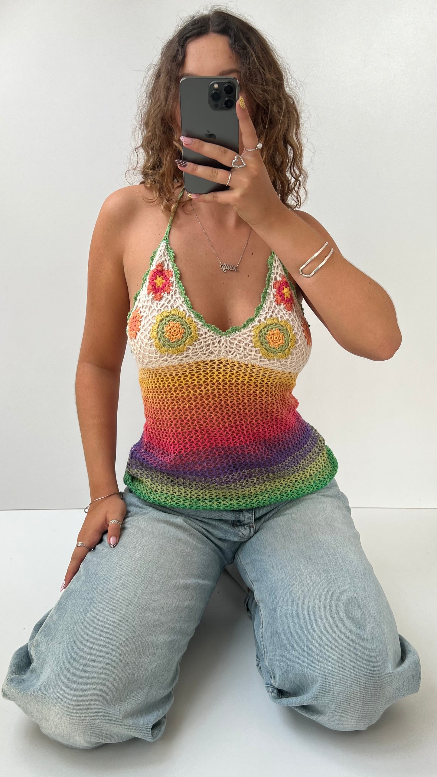 00s colourful crochet halter cami- size M