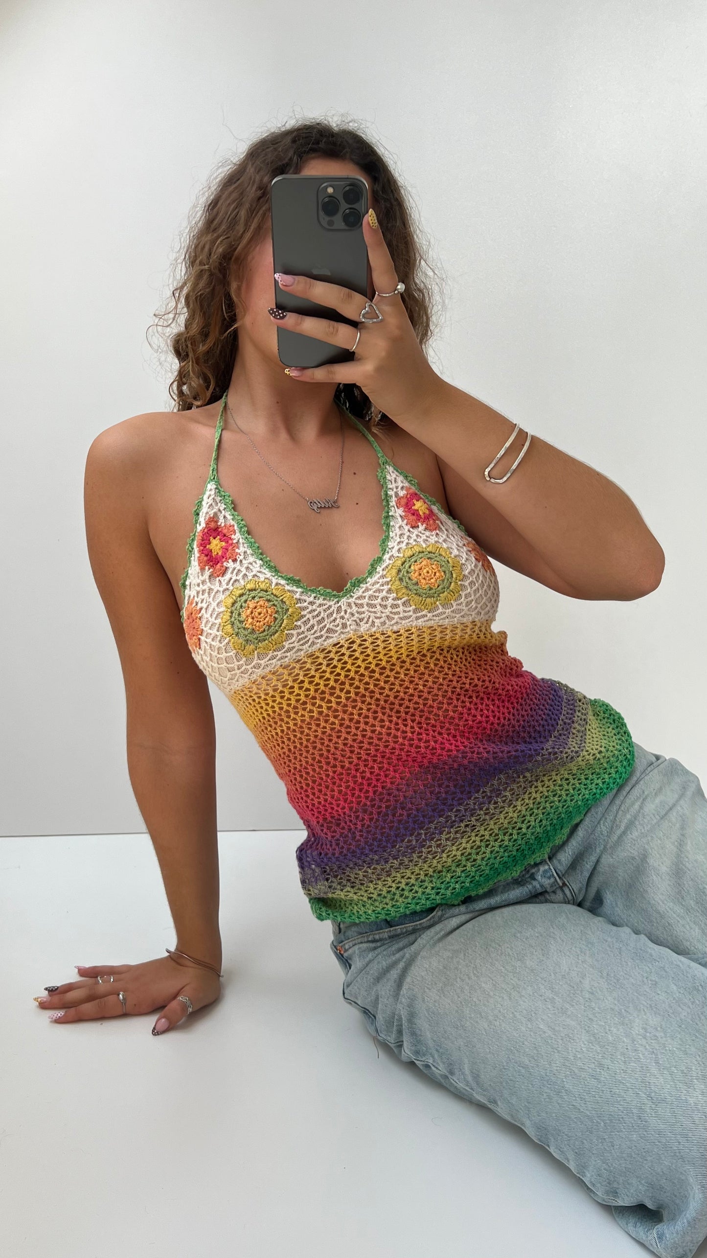 00s colourful crochet halter cami- size M