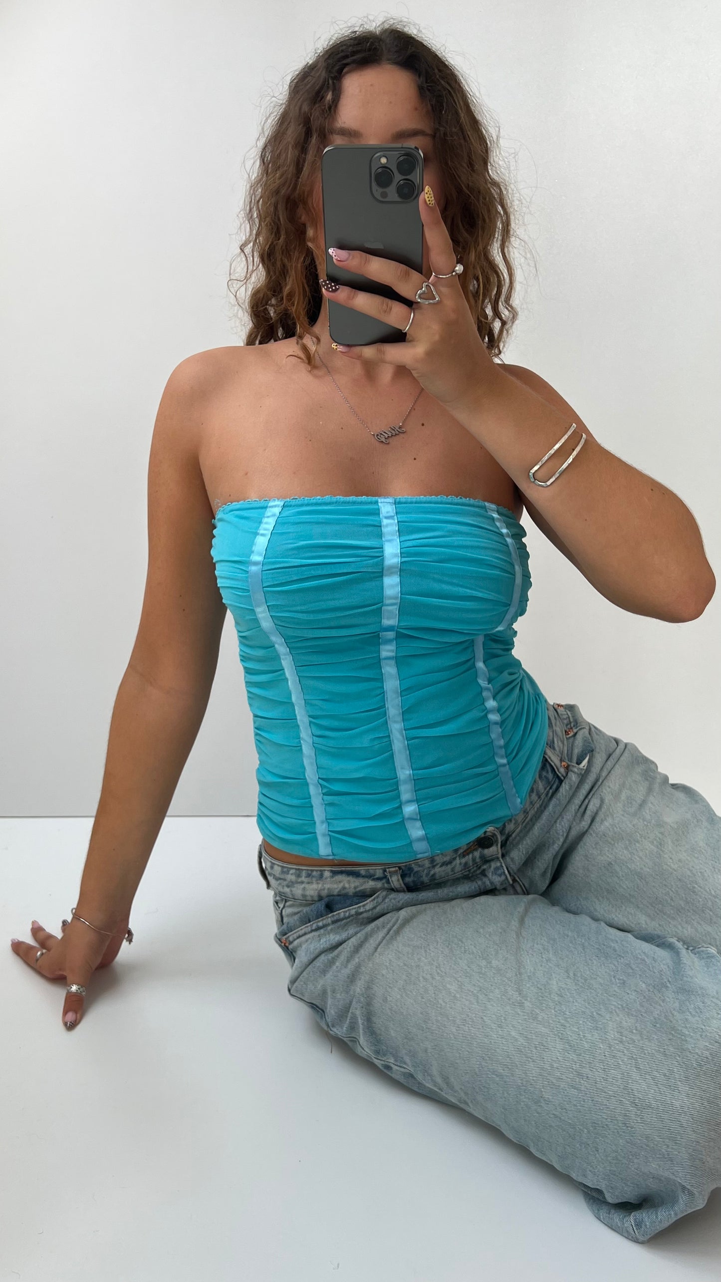 00s blue mesh strapless cami- size M