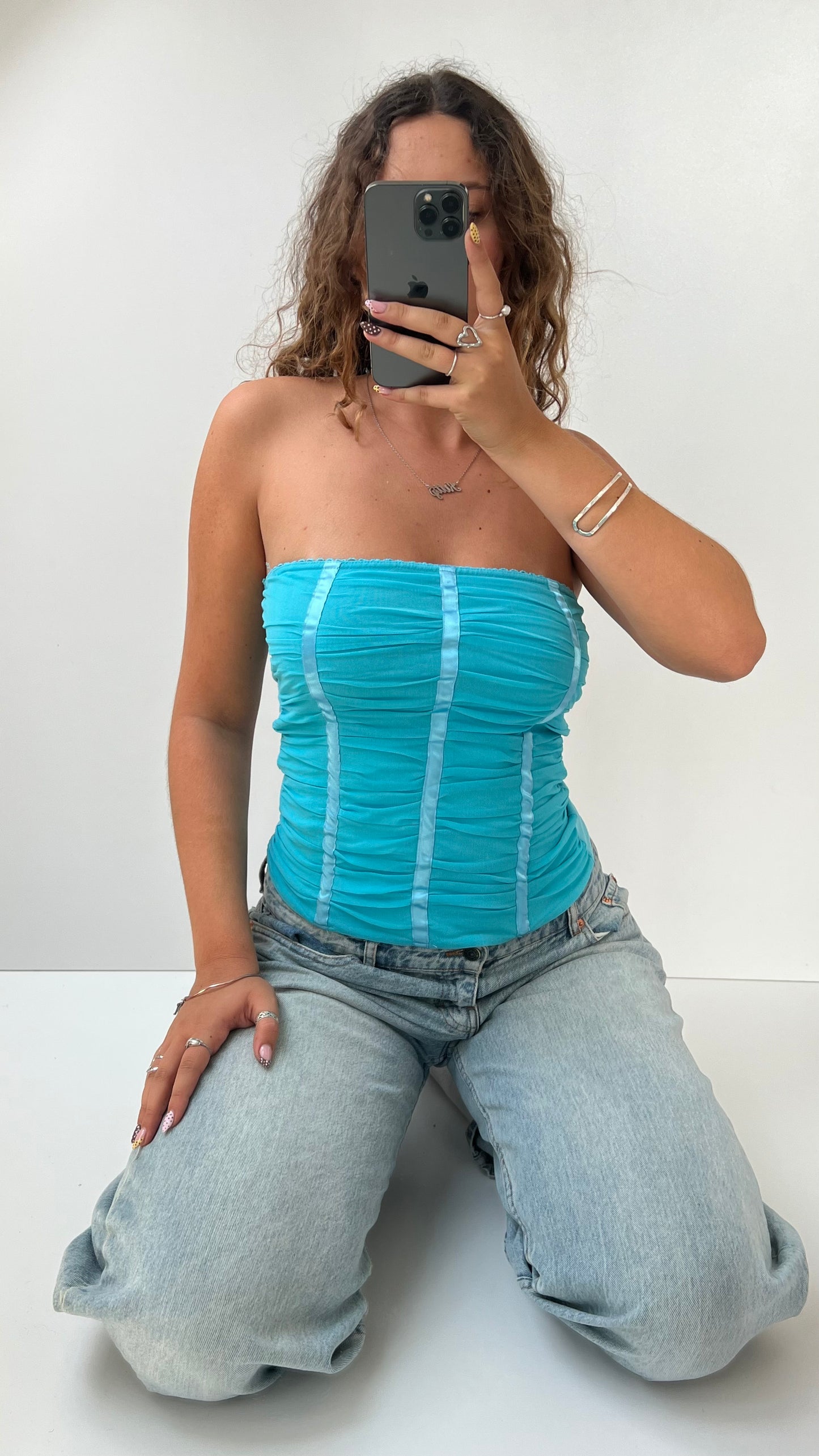 00s blue mesh strapless cami- size M