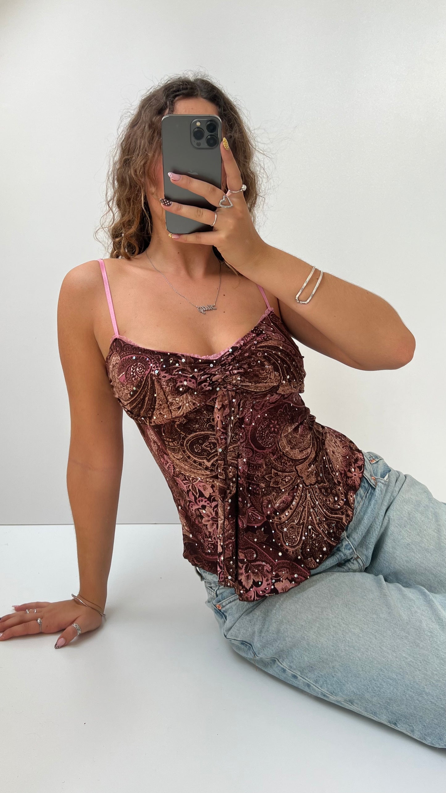 00s brown pink patterned cami- size S