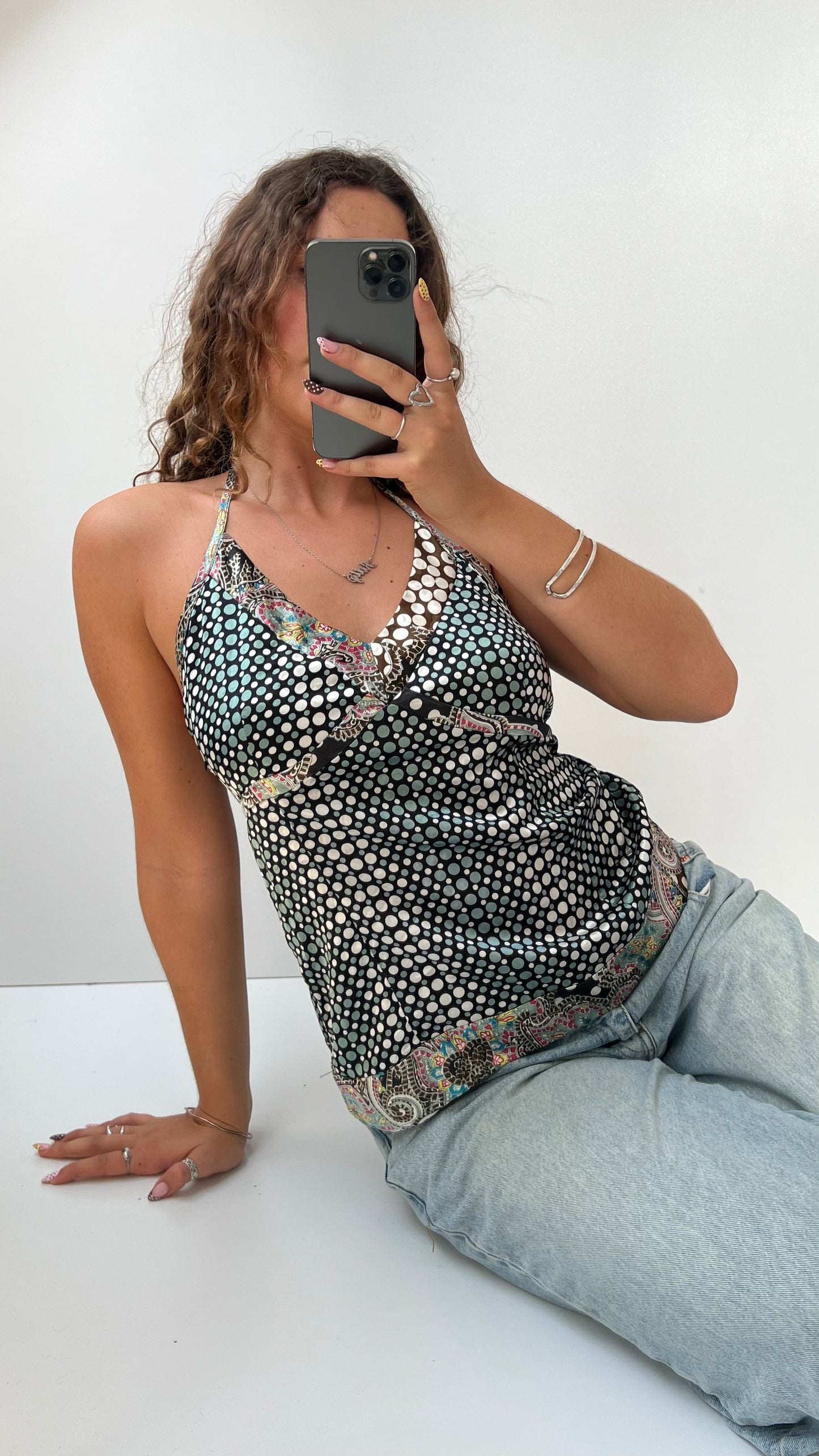 00s blue polka dot satin cami- size M