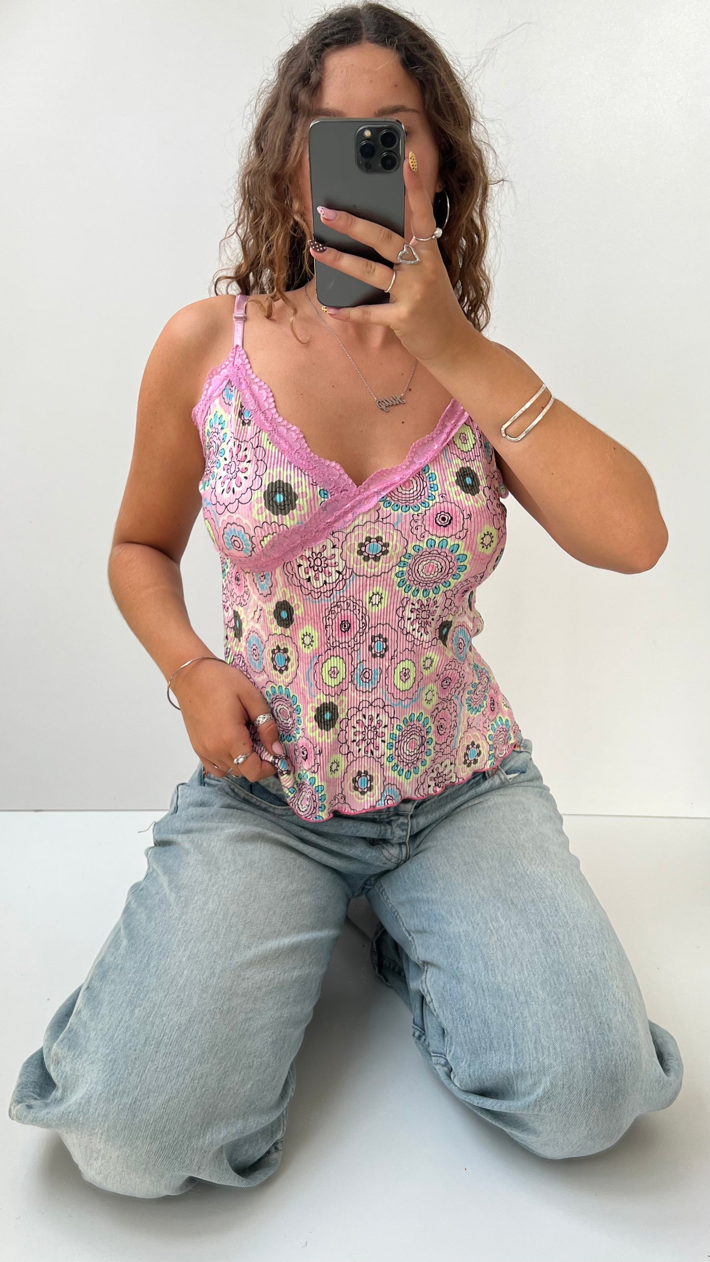 00s pink patterned lace cami- size M