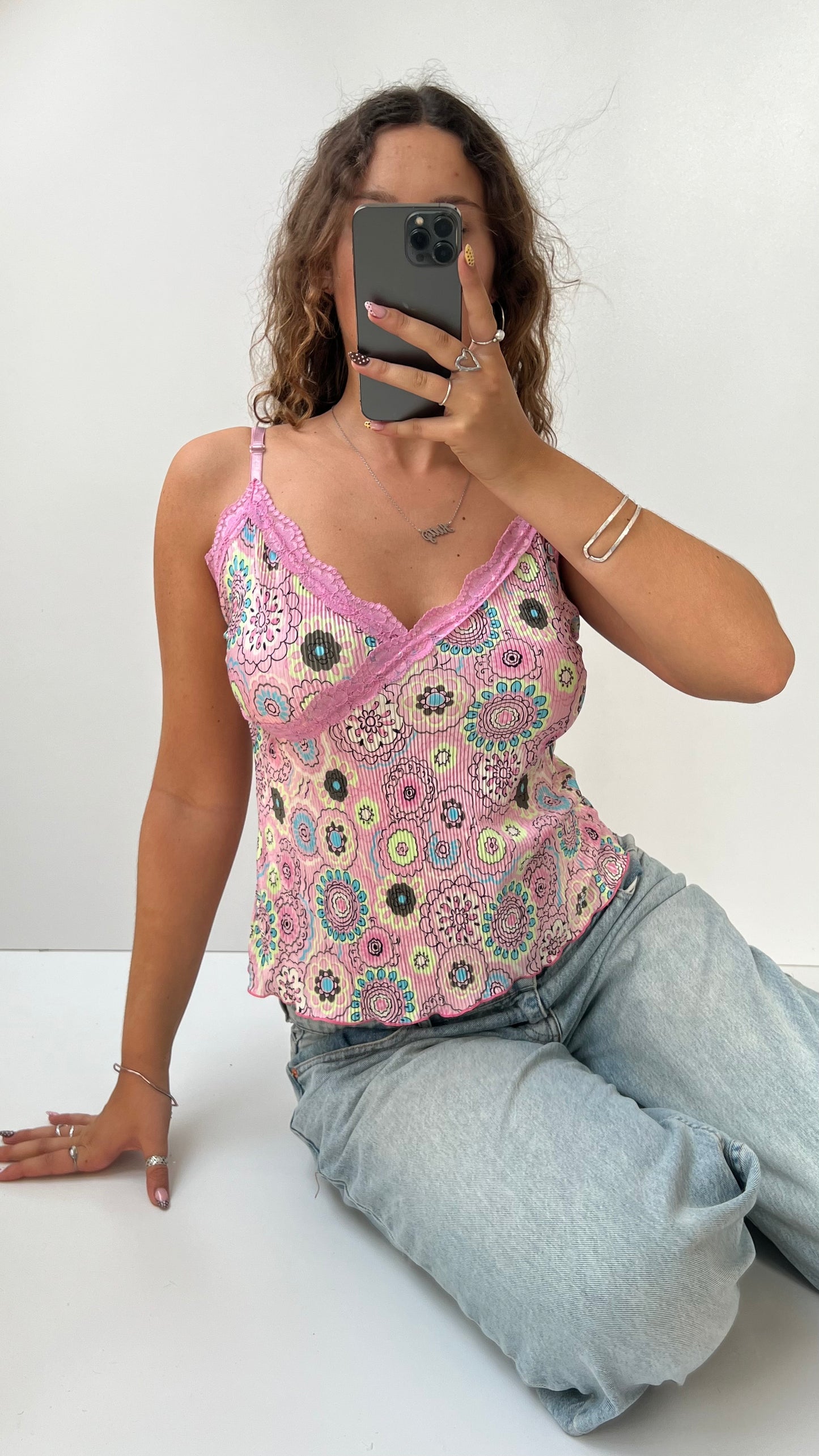 00s pink patterned lace cami- size M
