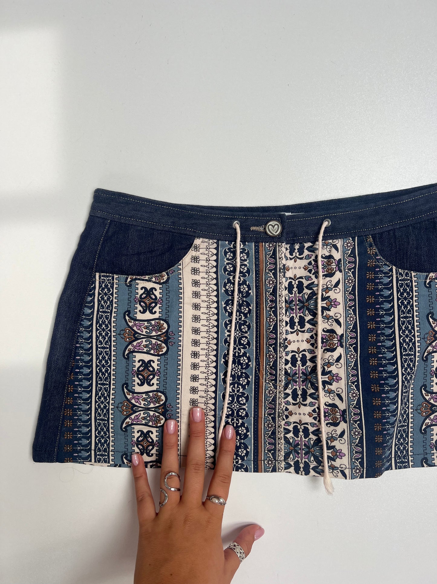 00s denim patterned mini skirt- size XS