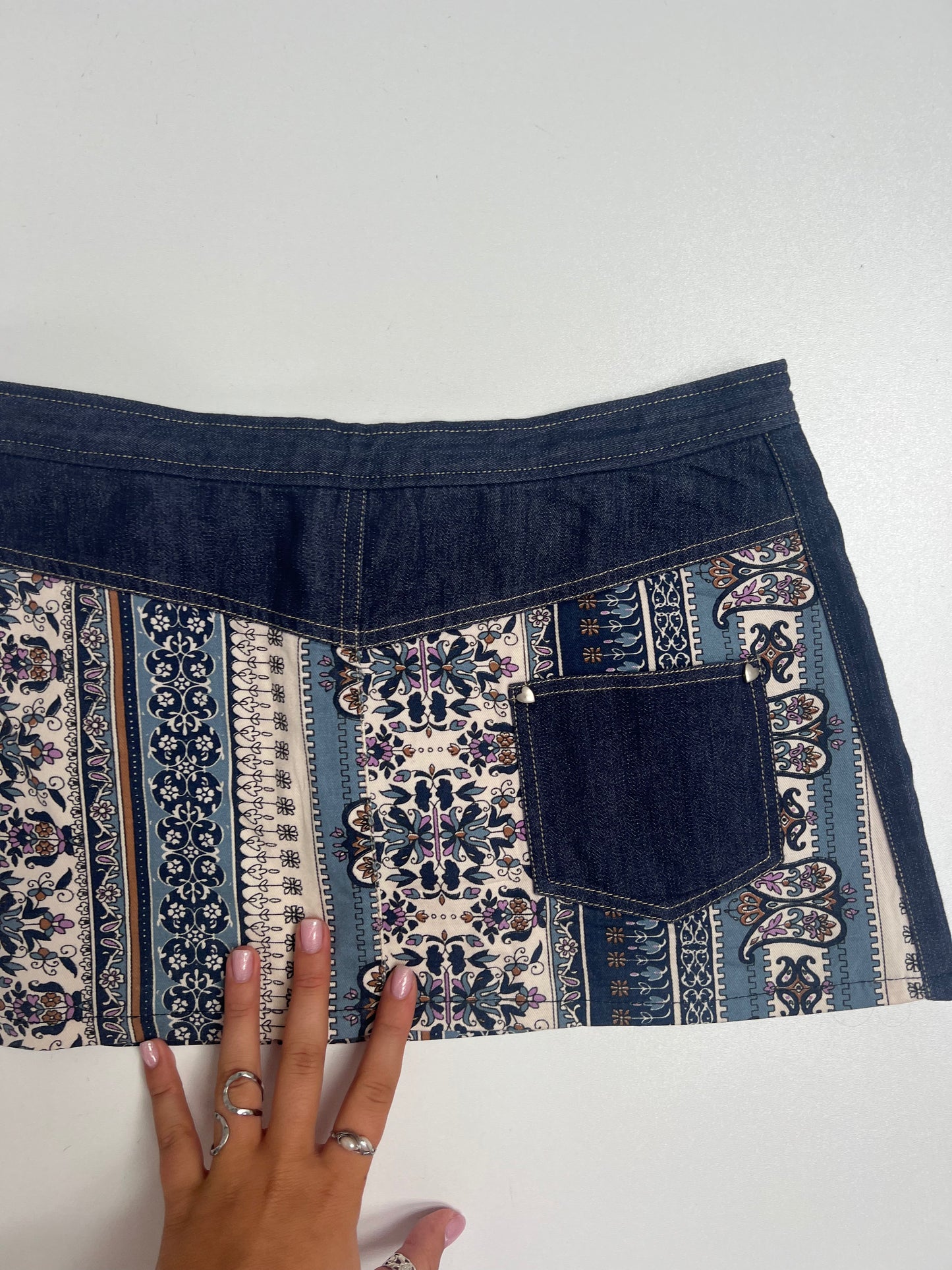 00s denim patterned mini skirt- size XS