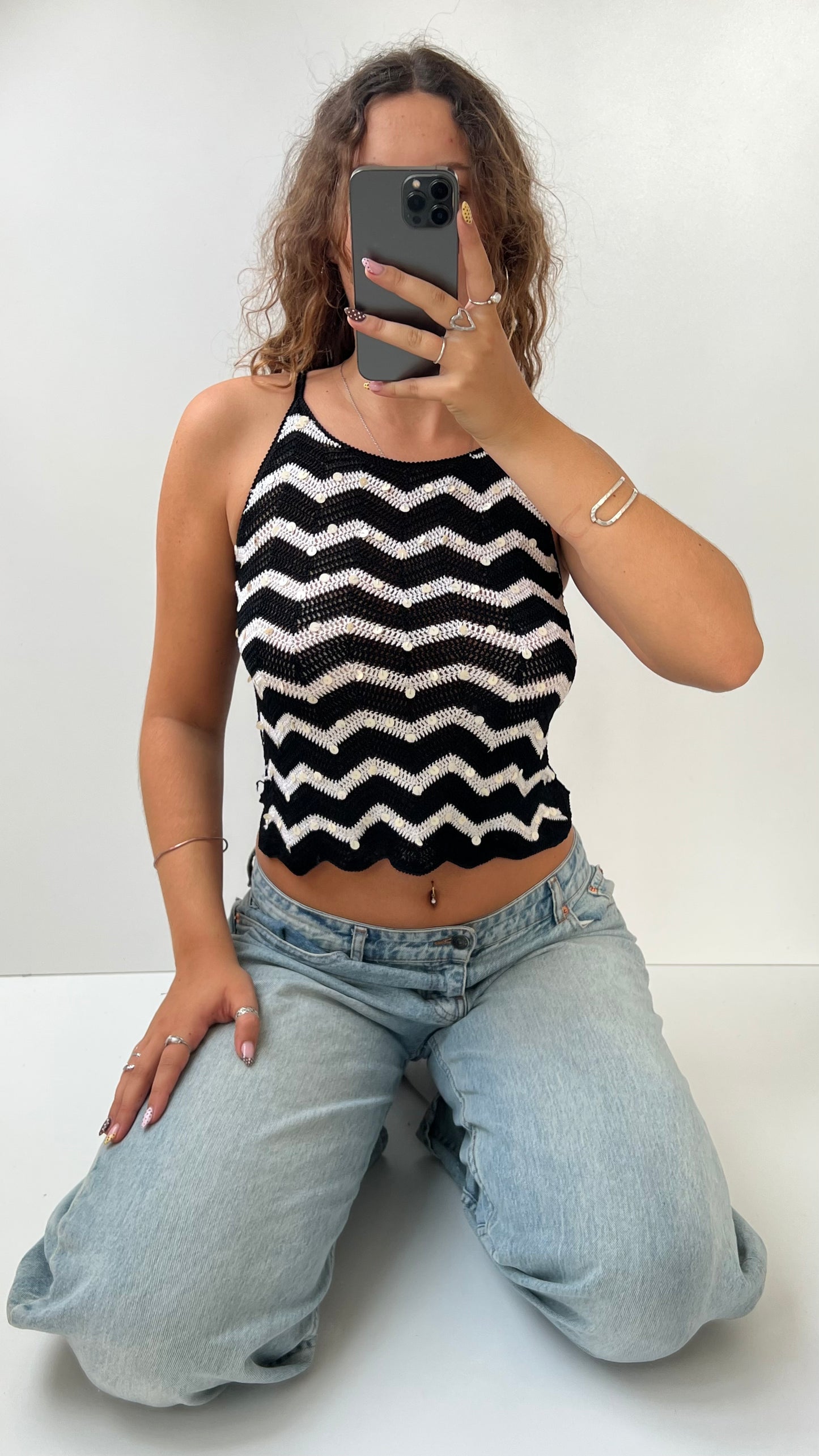 00s black white crochet cami- size S