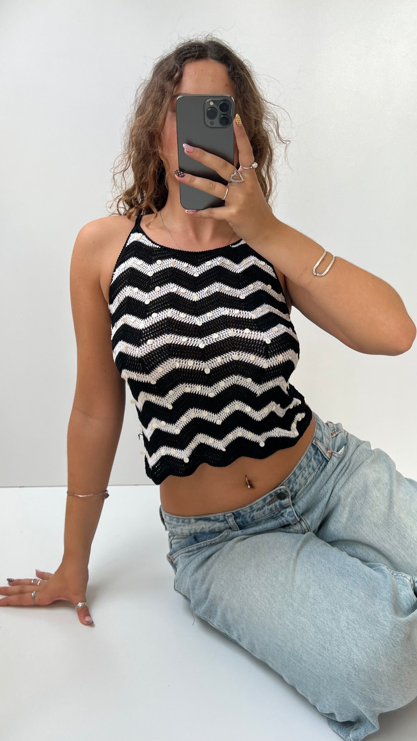 00s black white crochet cami- size S