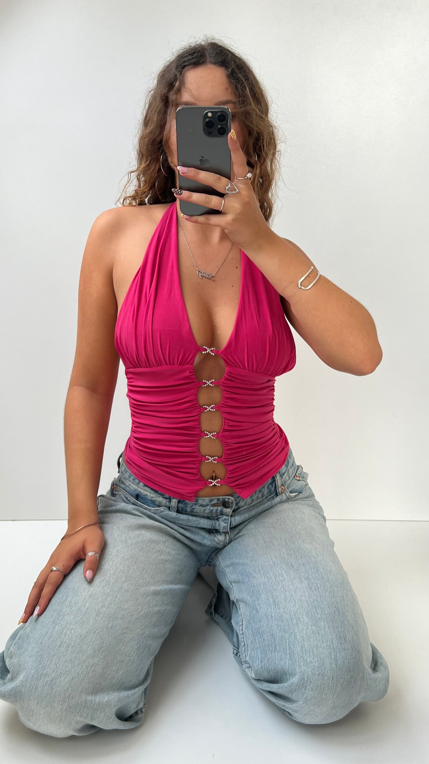00s pink diamanté halter cami- size S