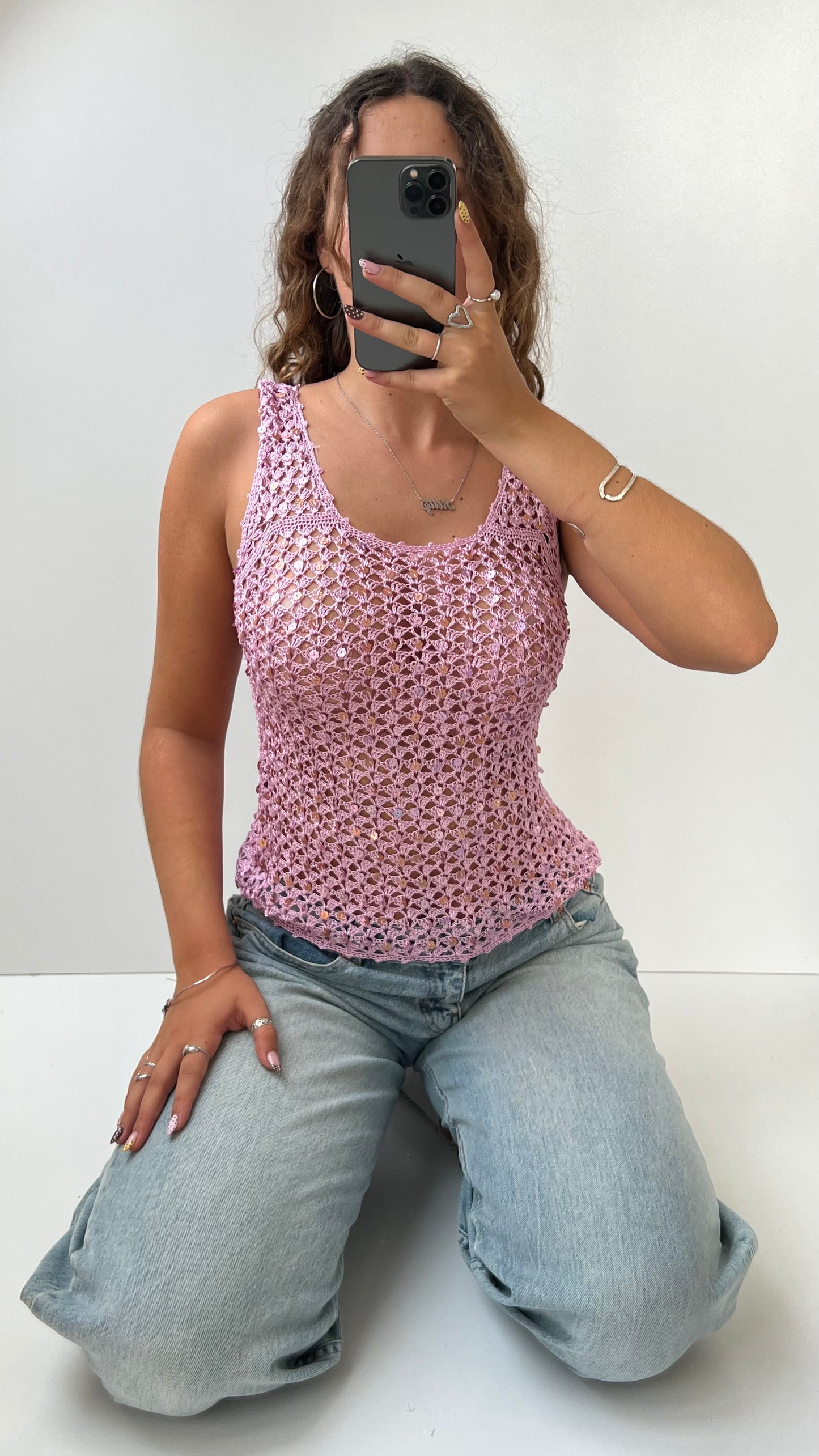 00s pink sequin crochet cami- size S/M