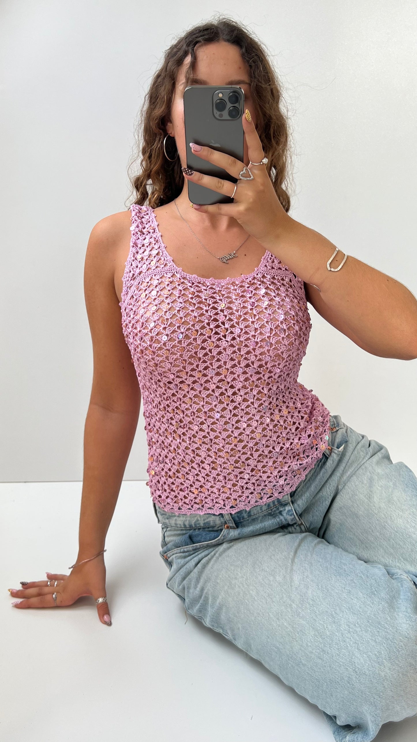 00s pink sequin crochet cami- size S/M
