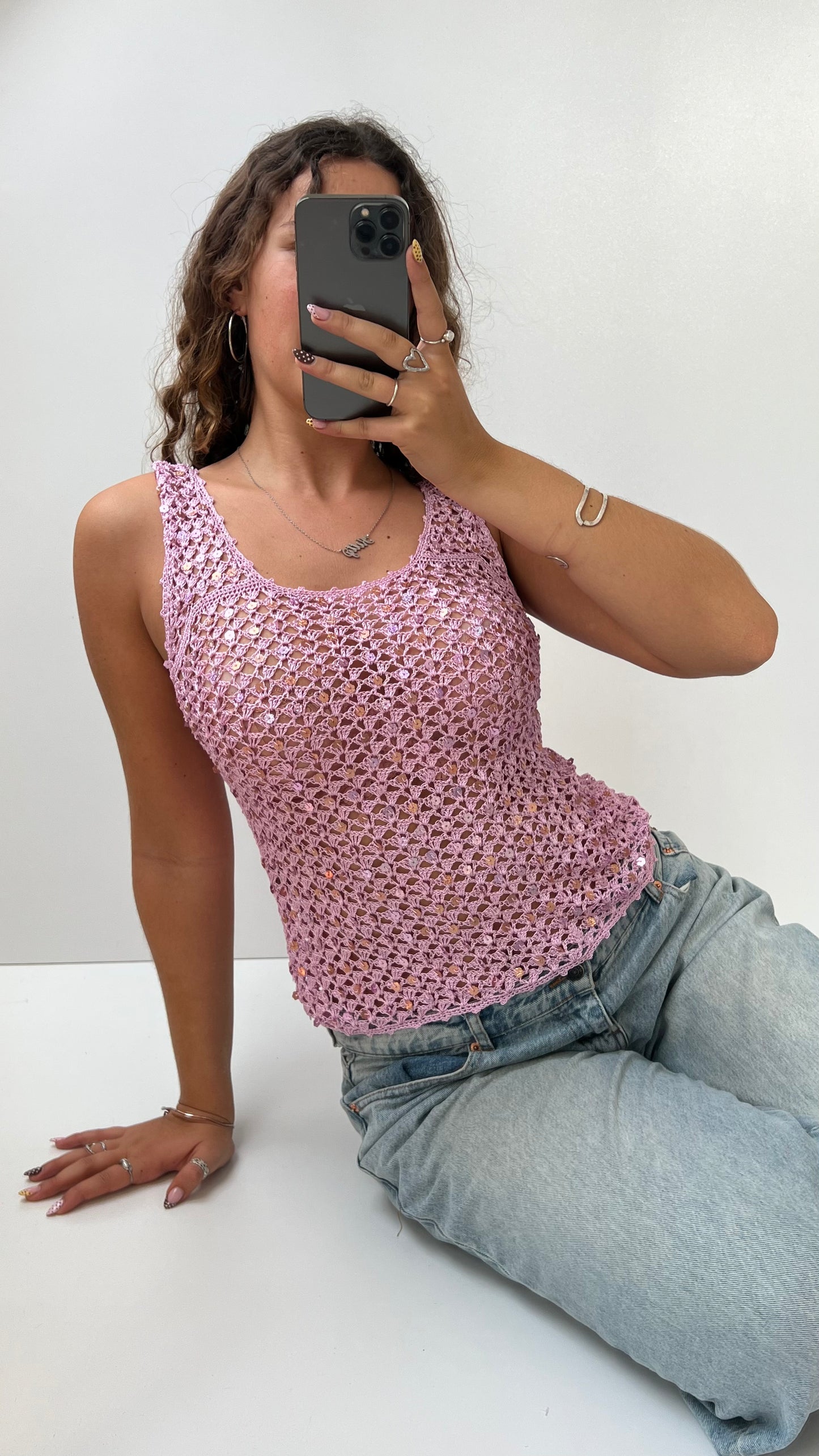 00s pink sequin crochet cami- size S/M