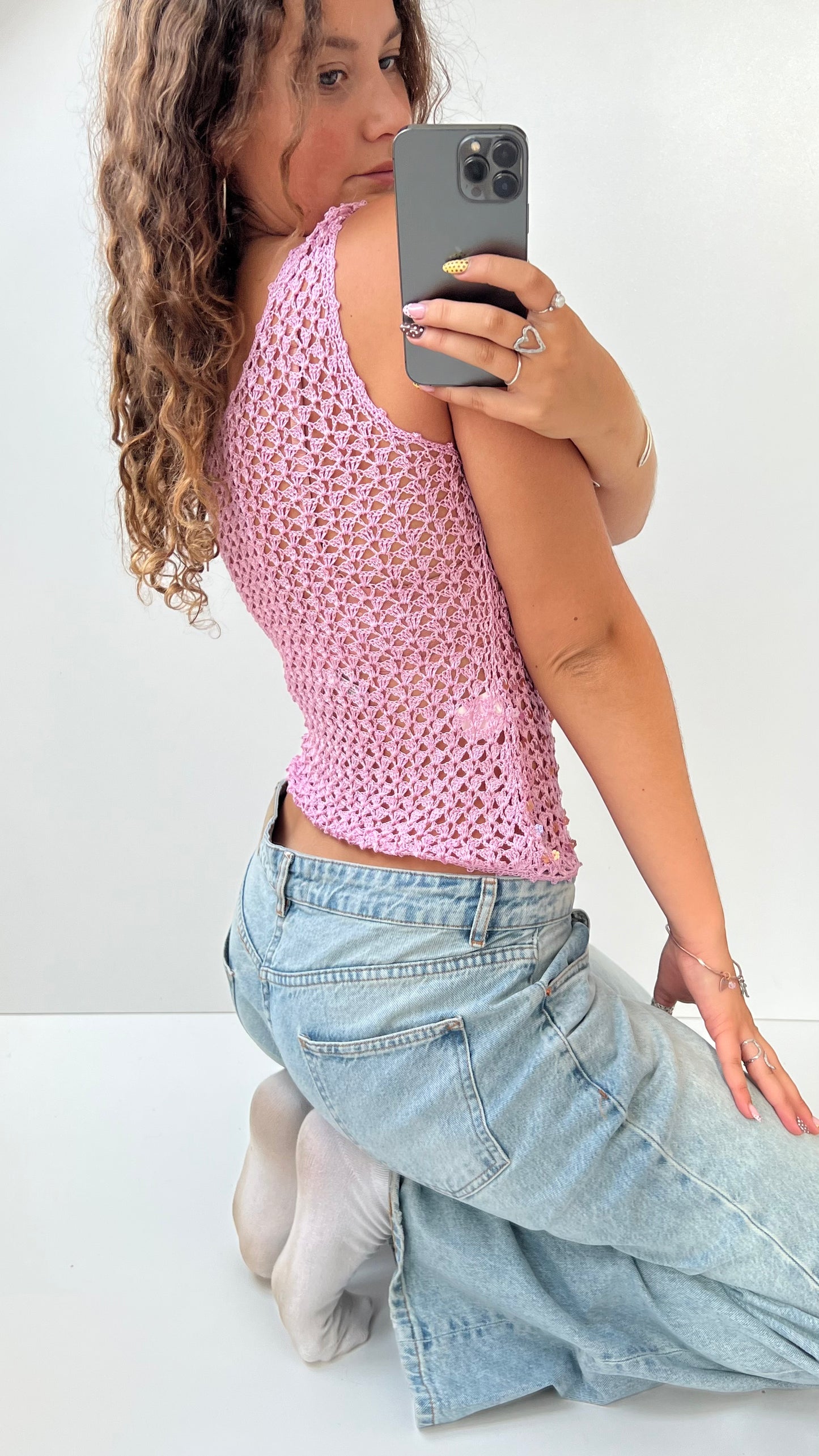 00s pink sequin crochet cami- size S/M