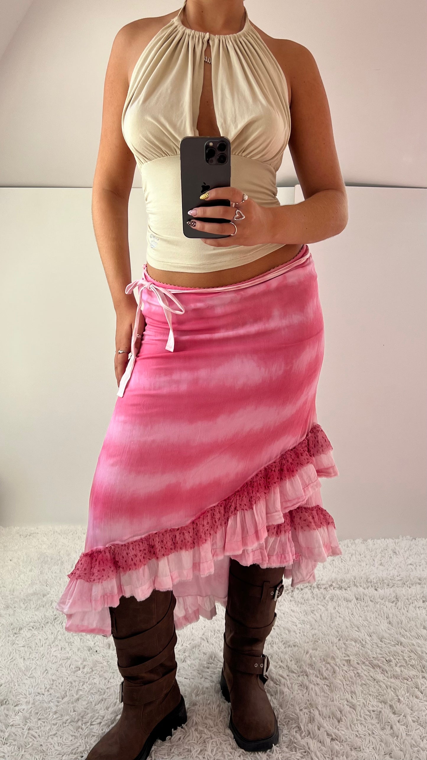 00s pink mesh asymmetrical midi skirt- size S