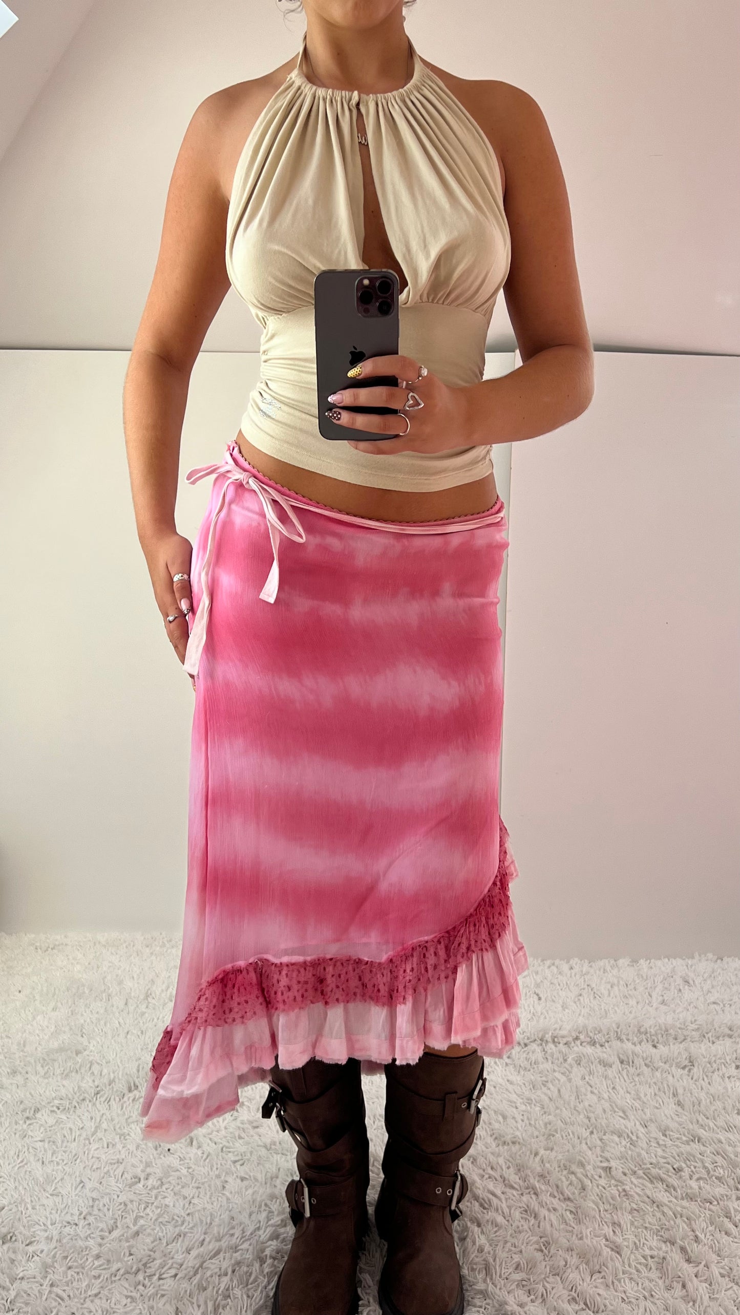00s pink mesh asymmetrical midi skirt- size S