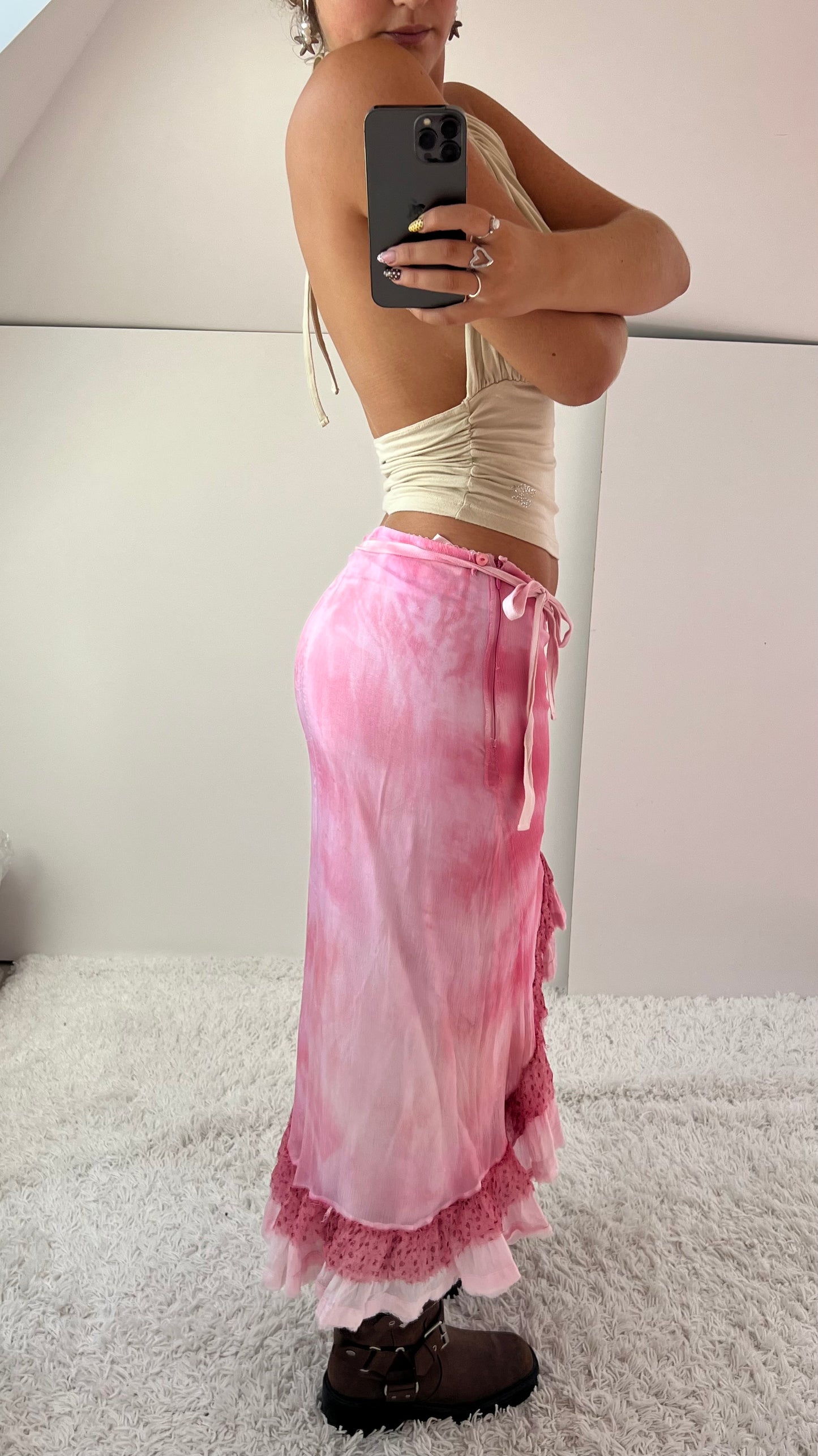 00s pink mesh asymmetrical midi skirt- size S