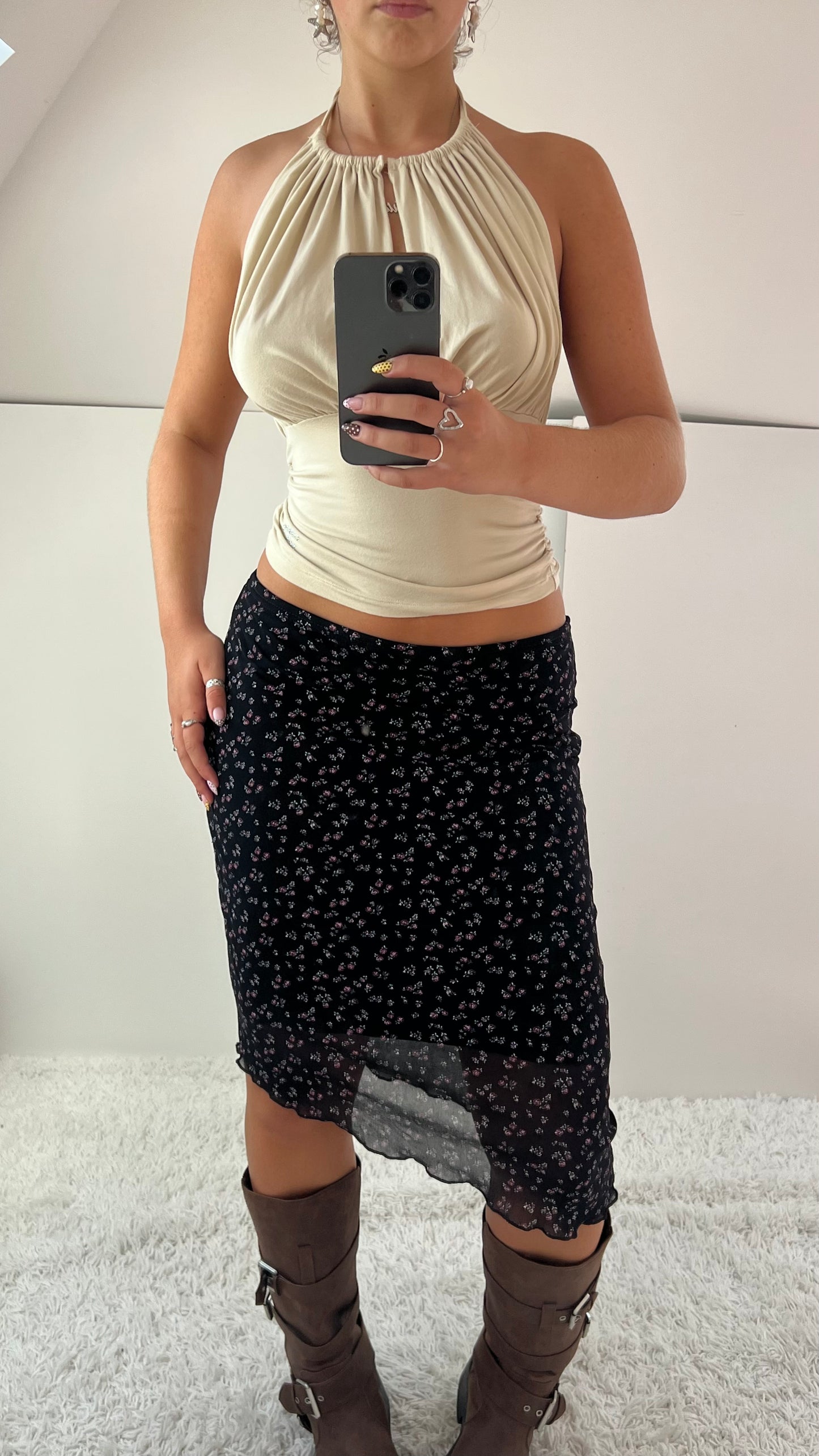 00s black floral mesh midi skirt- size S/M