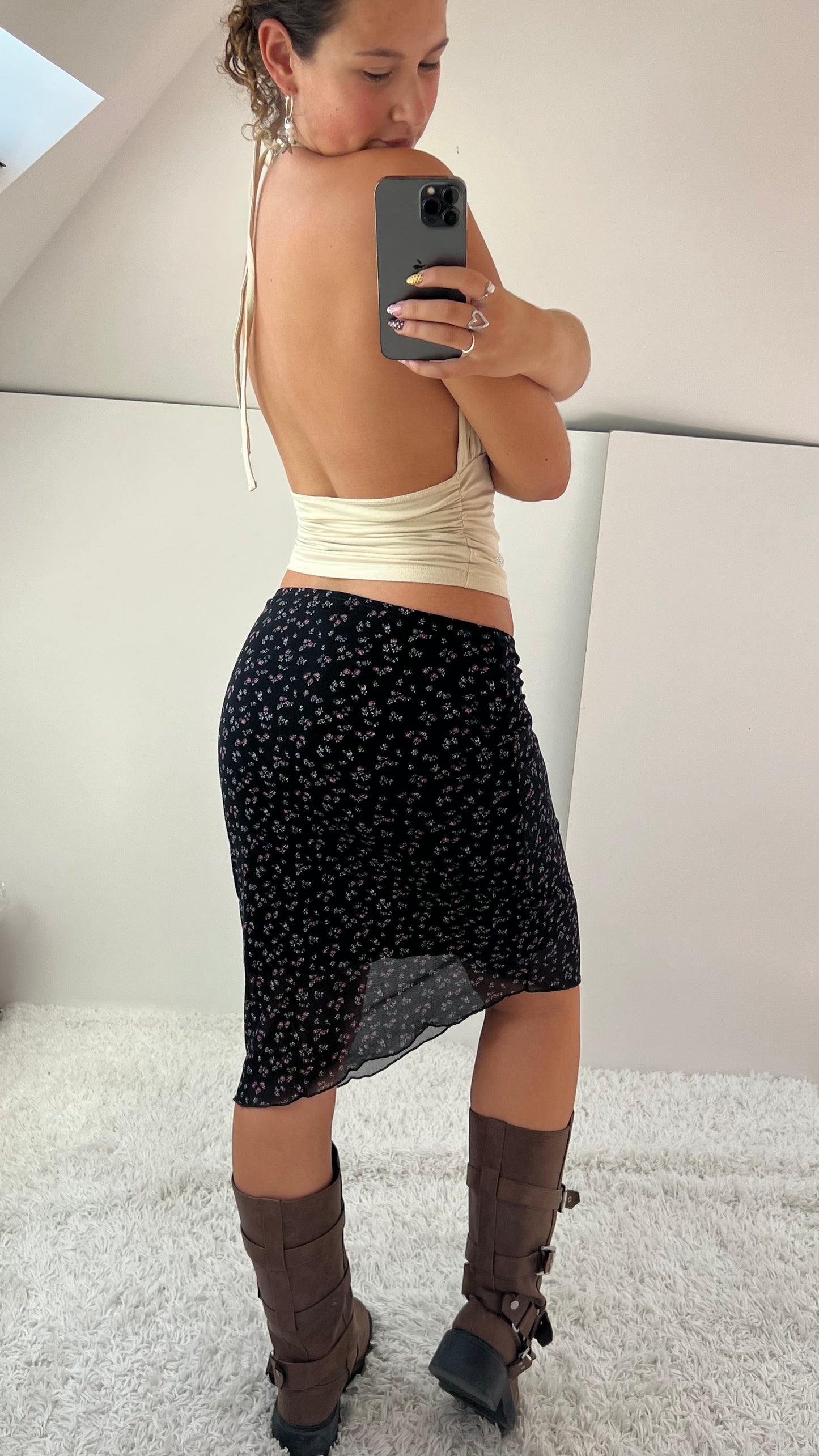 00s black floral mesh midi skirt- size S/M