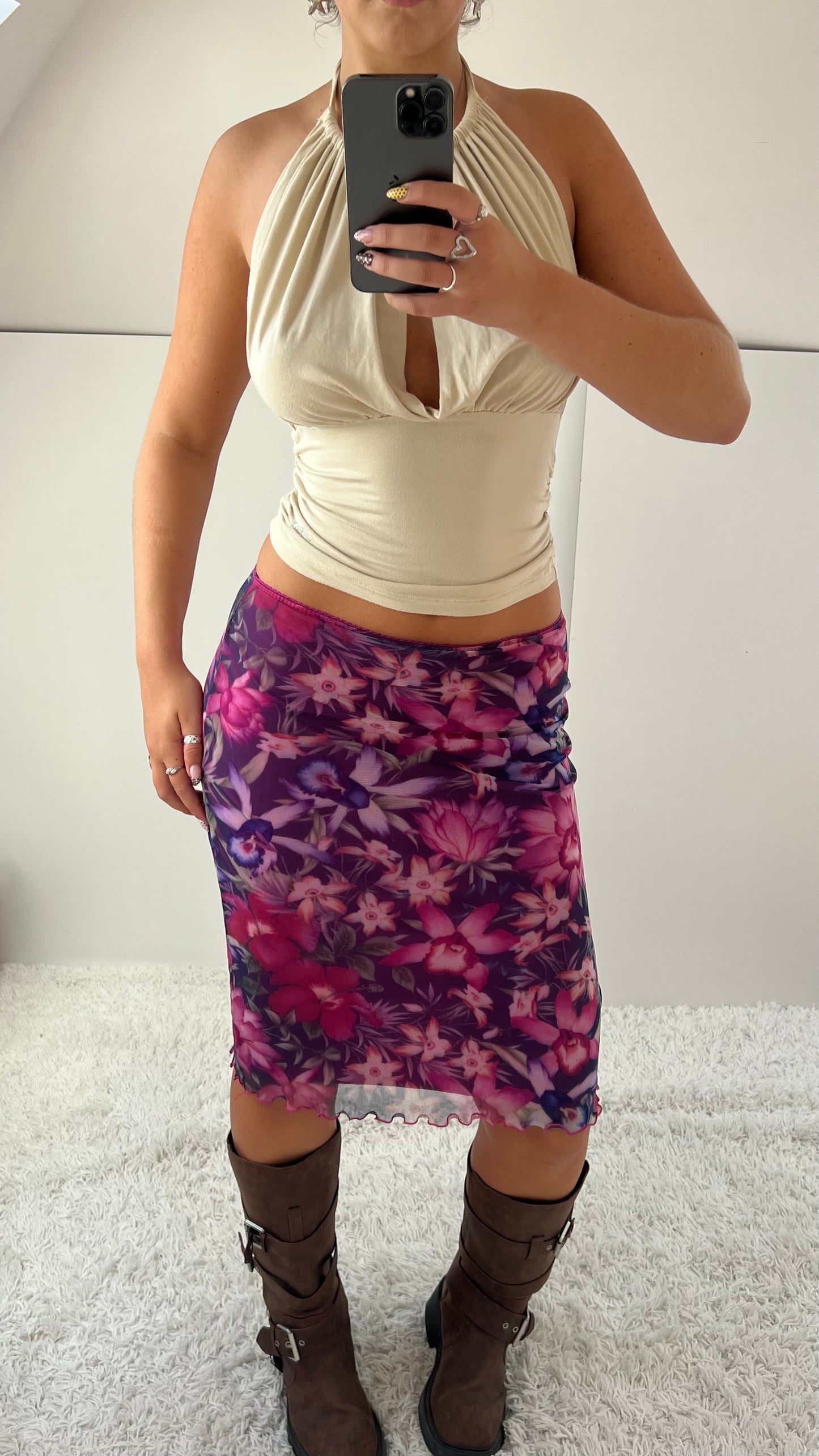 00s pink mesh floral midi skirt- size S