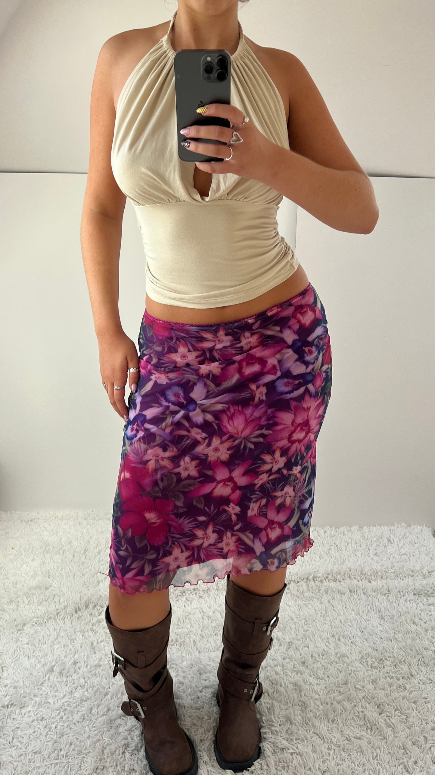 00s pink mesh floral midi skirt- size S