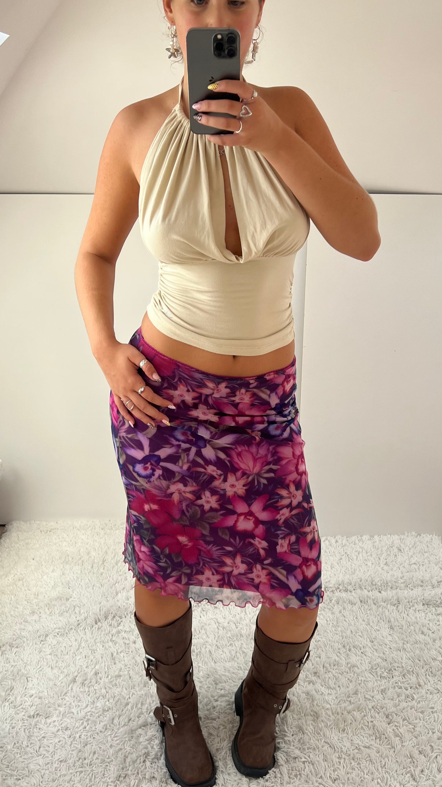 00s pink mesh floral midi skirt- size S