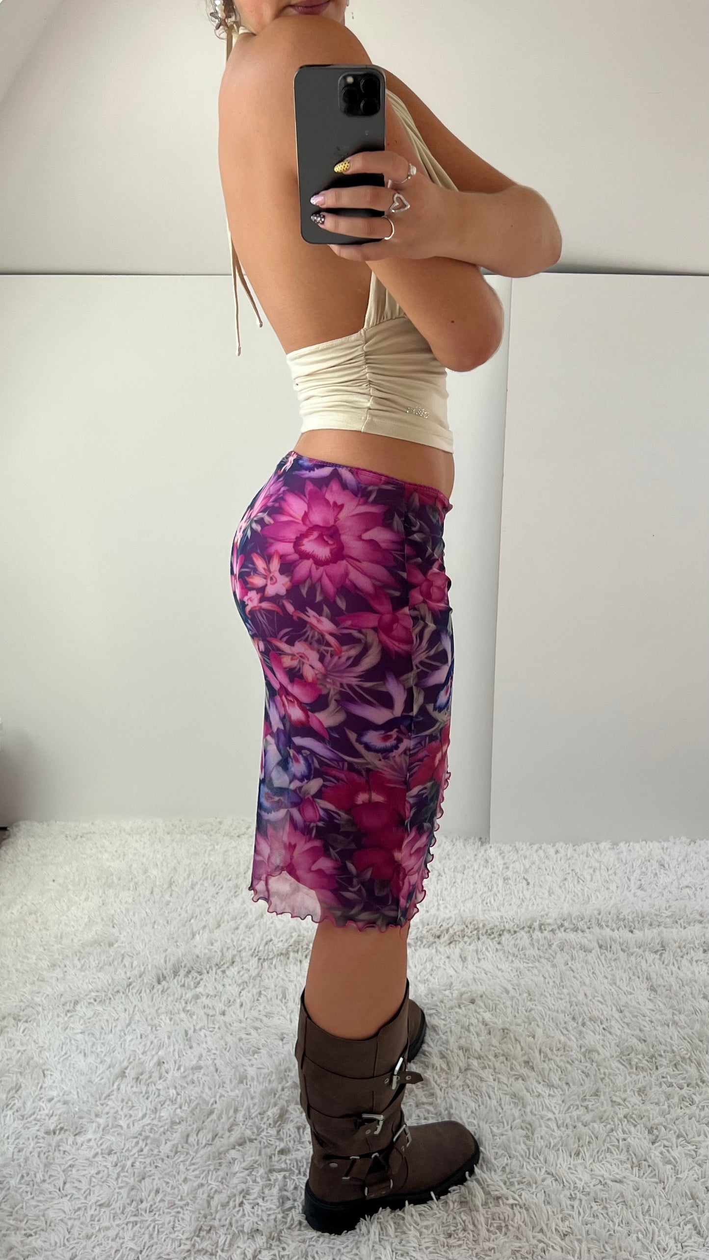 00s pink mesh floral midi skirt- size S