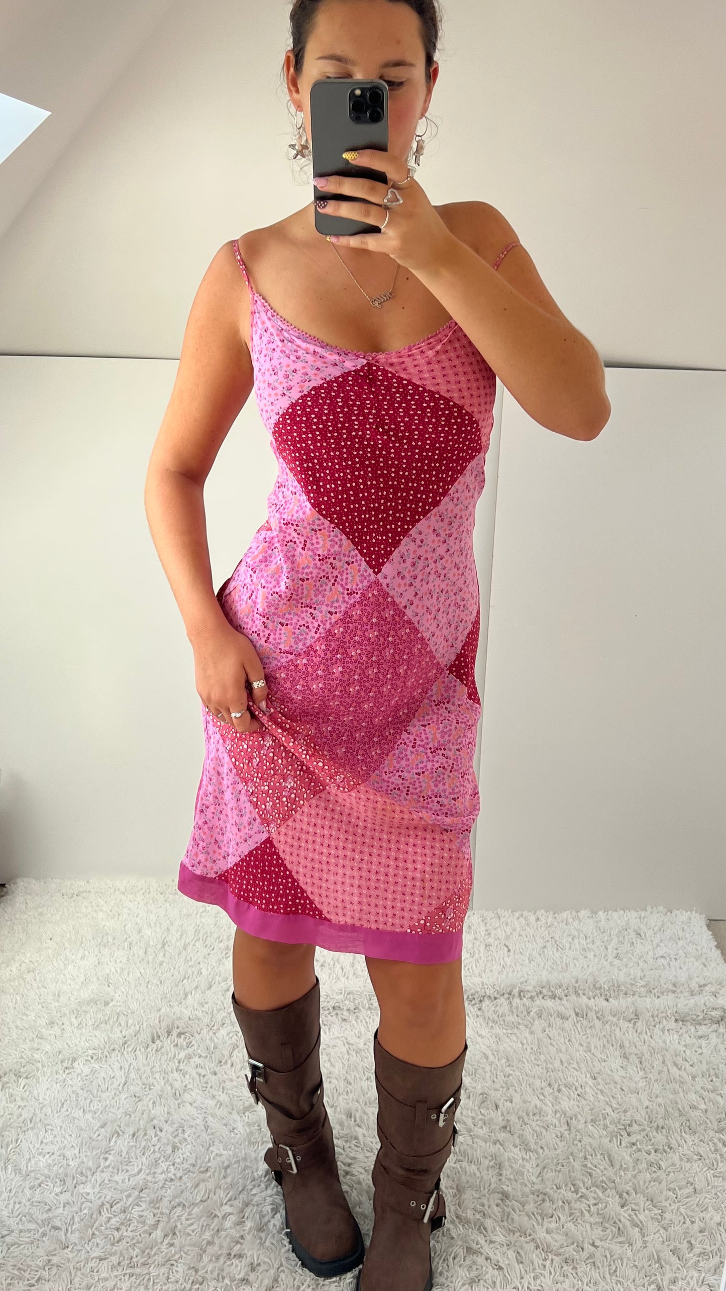 00s pink patchwork midi dress- size XS