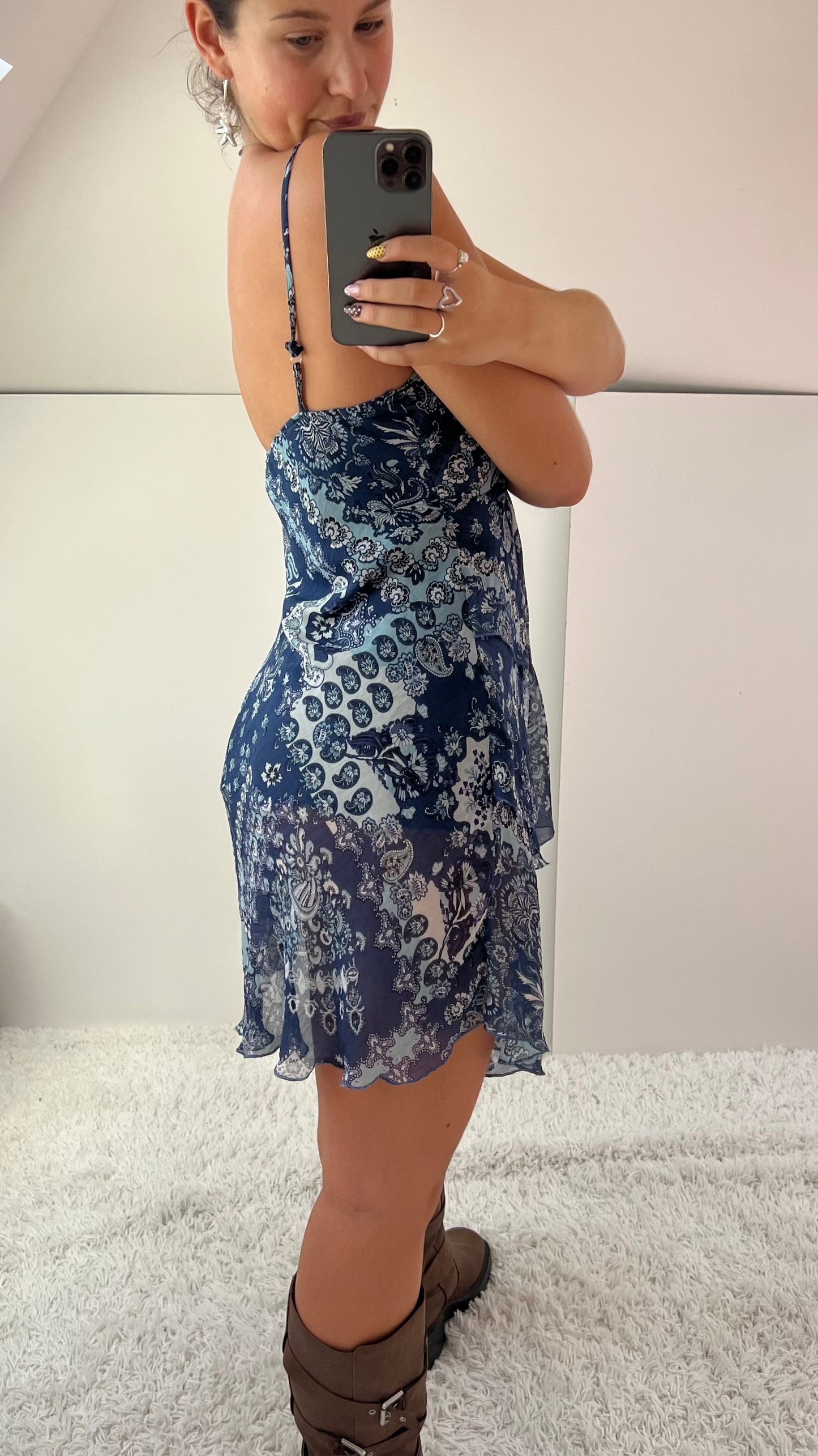 00s blue paisley mesh mini dress- size L